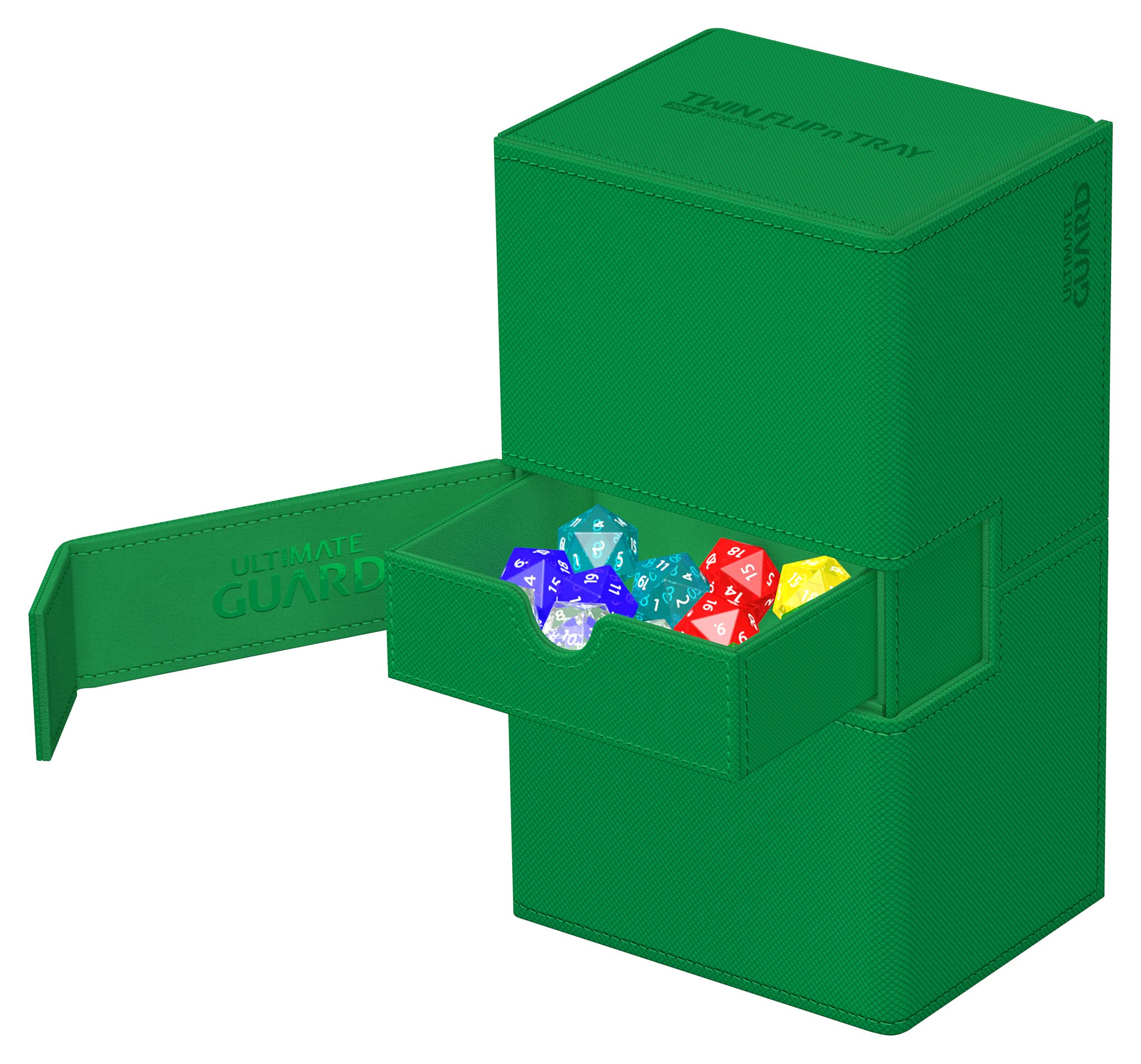 Ultimate Guard Twin Flip'n'Tray 200+, Deck Case per 200 carte TCG a doppia manica + vassoio per dadi, verde, chiusura magnetica indipendente e fodera interna in microfibra