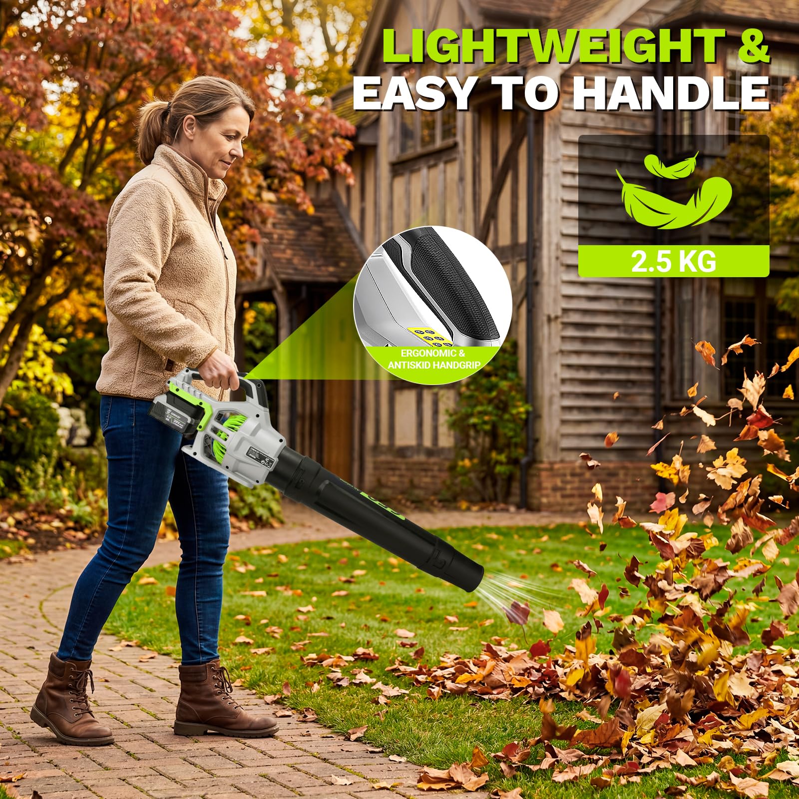 DEKOPRO Souffleur de Feuilles sans Fil avec de 2x4,0 Ah Batteries, 2 Vitesses, Débit d'air Max 1100 m³/h, 257 km/h, pour Cour, Pelouse, Jardin