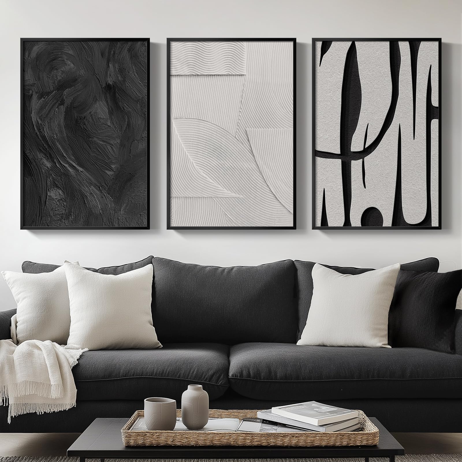 Framed Black and White Abstract Wall Art, 3 Piece Modern Canvas Prints Paintings Art for Walls, Minimalist Black White Abstract Pictures for Living Room Bedroom Dining Room Office Wall Decor 16x24 In