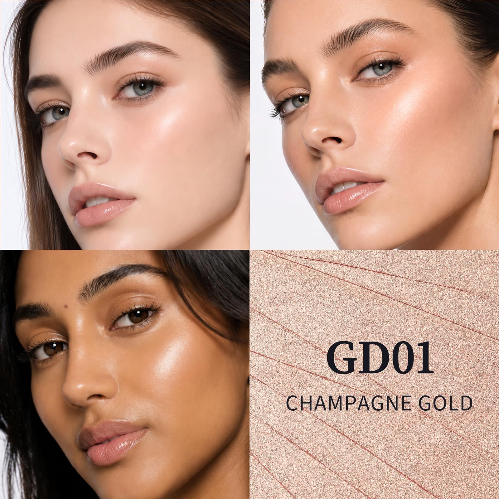 FOCALLURE Shimmer Face Highlighter Makeup Powder, Gel to Powder Glow Finish, leicht und gesund strahlend, langanhaltend, leuchtend im Gesicht, Highlighter Makeup, GD01 New World
