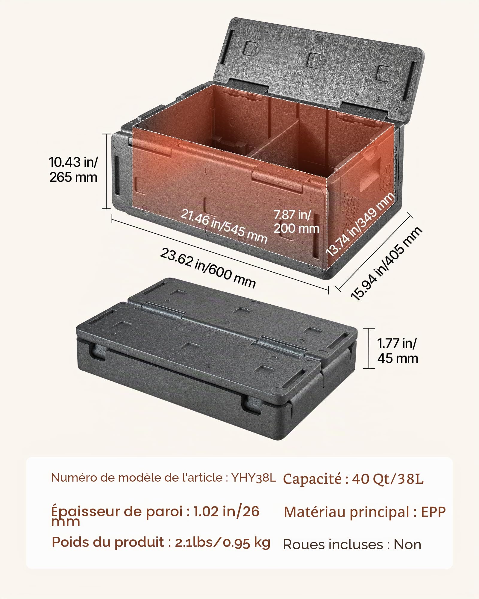 VEVOR Caisse Isotherme 38 L, Boîte de Transport Isotherme Passive sans Électricité, pour Livraison Traiteur Barbecue Restaurantion, Caisson Maintien au Chaud ou au Froid Pliable et Léger en PPE, Gris