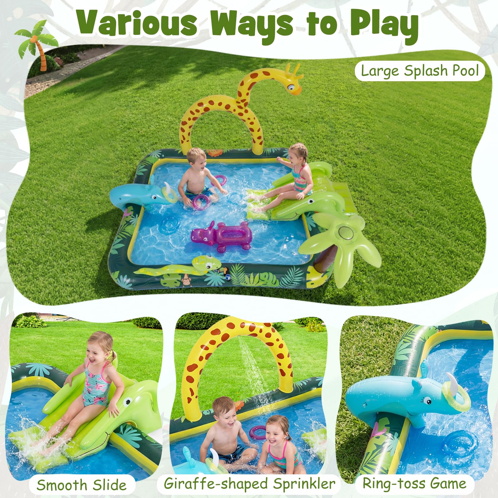 FANTASK Centro di giochi d'acqua gonfiabile con animali della giungla, 208 x 178 x 138 cm, piscina per bambini a partire dai 2 anni, parco acquatico per giardino e piscina