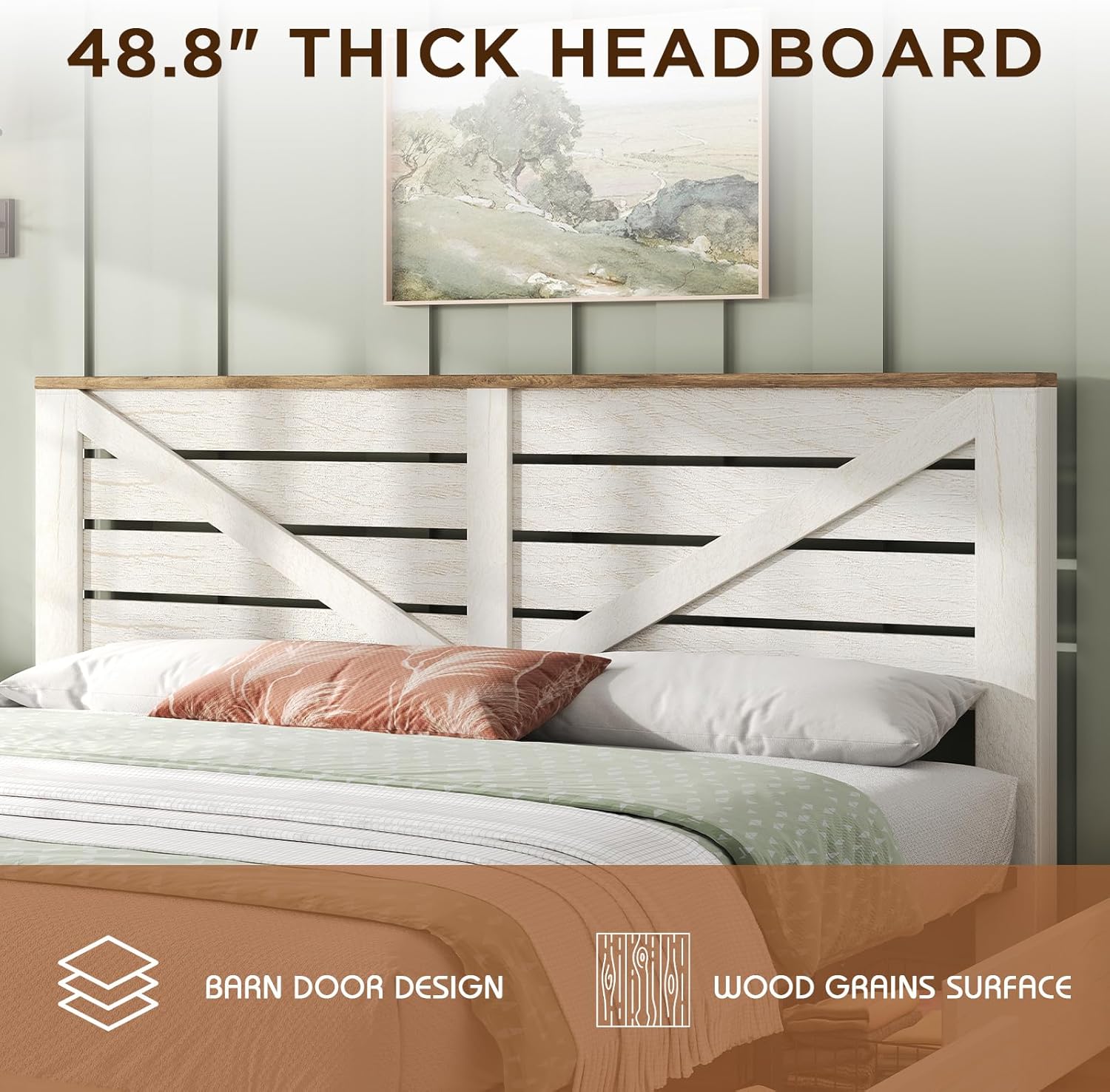 LUXOAK 48.8" H King Size Bed Frame with 4 Storage Drawers, Farmhouse Platform Bed with Barn Door Headboard, Rustic Wood Grain, No Box Spring Needed, Rustic White