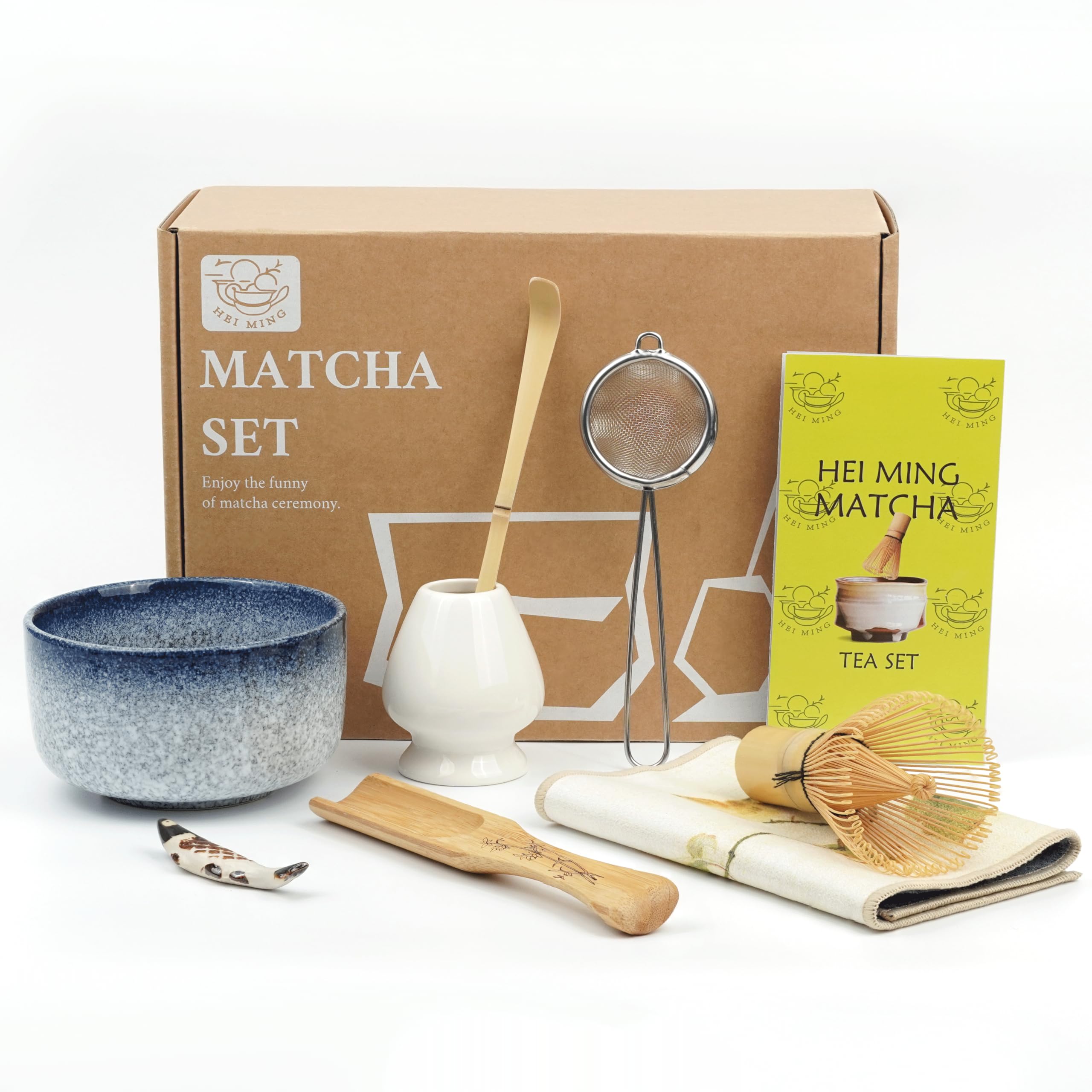 Matcha Set ha 8 Pezzi, kit Matcha Cerimoniale, Grigio Blu Ciotola in Ceramica e Matcha Whisk Fatte a Mano
