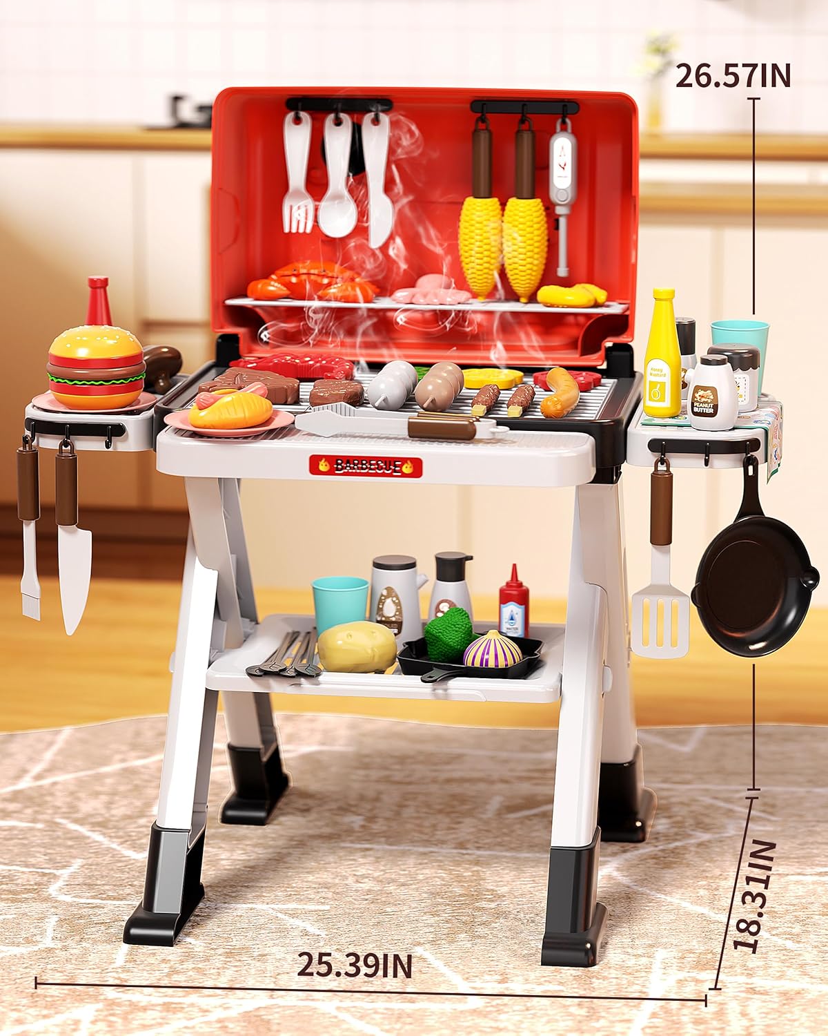 60pcs Kids BBQ Grill Kitchen Playset with Sound & Smoke, Play Toy Grill Set for Kids Ages 4-8, Pretend Food Barbecue Cooking Toys for Boys Girls 4 5 6 7 8