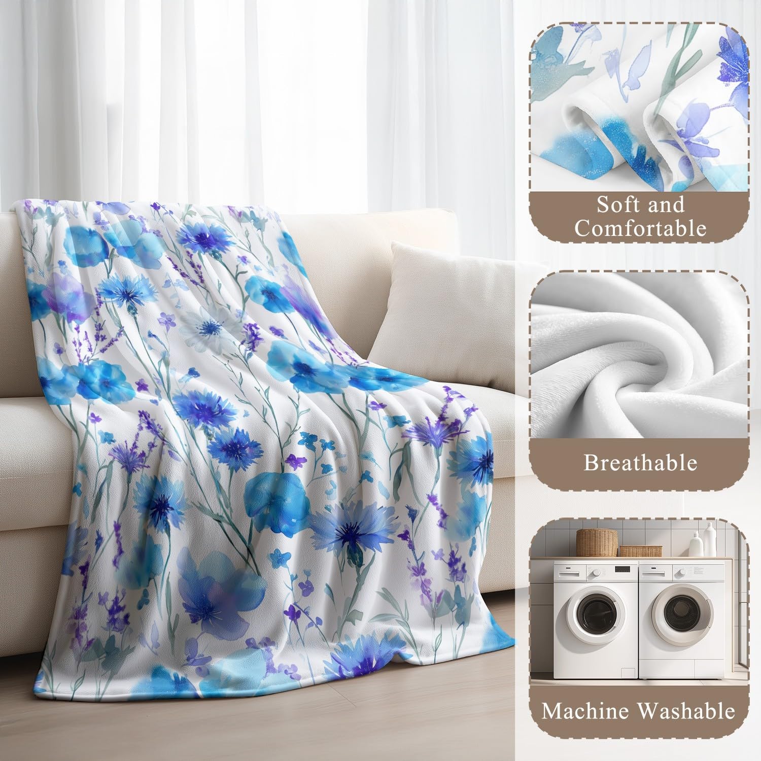 Générique Koc flanelowy w kratę 180 cm x 200 cm grube jesienne koce polarowe ciepłe, nowoczesne romantyczne duszpasterskie akwarela spokojna delikatny świeży kwiatowy puszyste lekkie koce