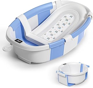 Collapsible Baby Bathtub for Newborn to Toddler 0-36 Months,Spacious Foldable Infant Bath Tub with Thermometer,Cushion & Drain Hole,Portable Travel Tub, Baby Shower Gift Powder Blue