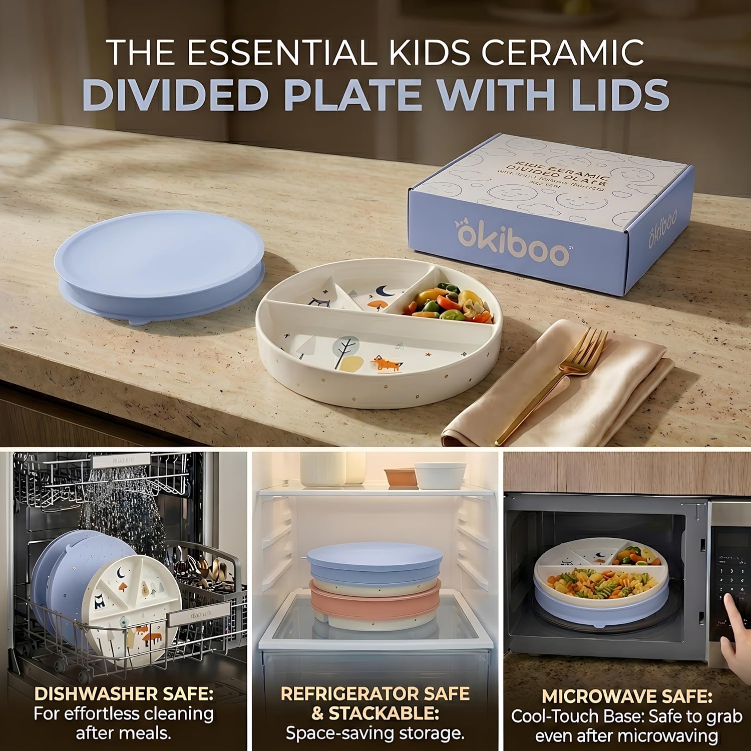 Non-Toxic Divided Ceramic Toddler Plate with Silicone Lid & Non-Slip Base, 8 Inch Microwave & Dishwasher Safe Porcelain Dish for Babies, Kids, Animal Design