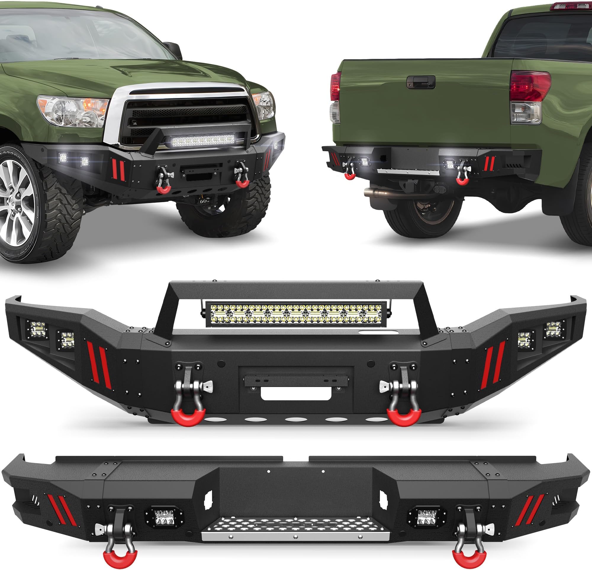 Tundra Front + Rear Bumper Set for 2007-2013 Toyota Tundra Pickup, Including Winch Plate, LED Lights, License Plate Lights and D-rings