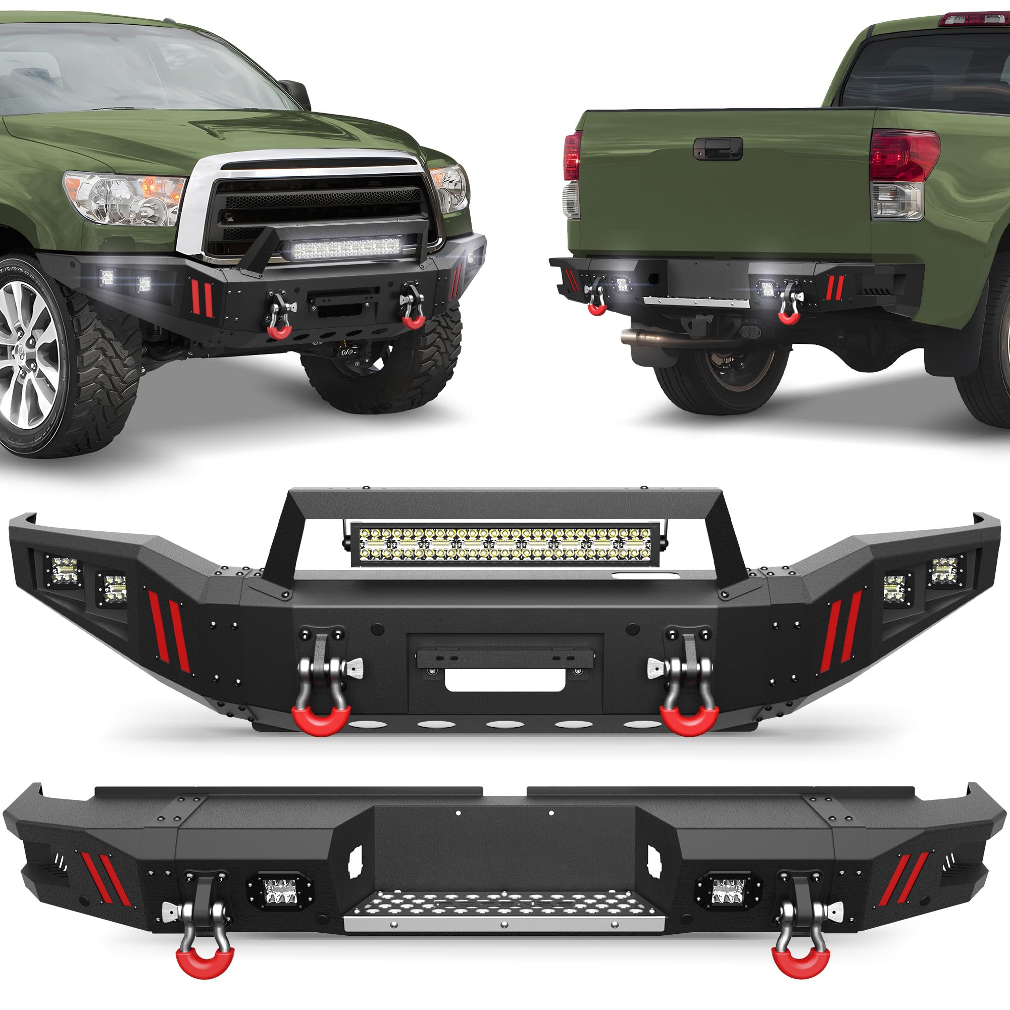 Tundra Front + Rear Bumper Set for 2007-2013 Toyota Tundra Pickup, Including Winch Plate, LED Lights, License Plate Lights and D-rings