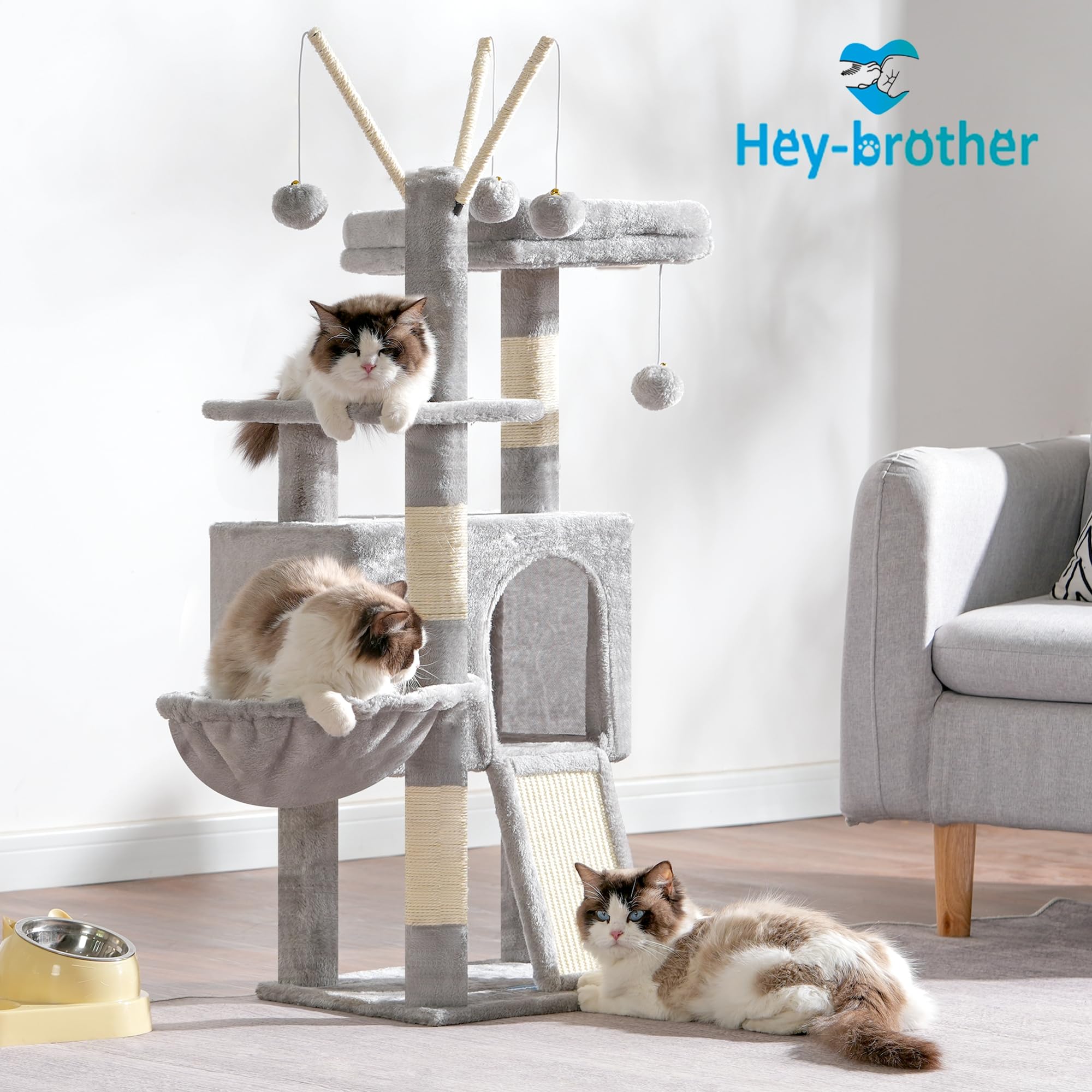 Hey-brother Tiragraffi per Gatti, con Pompon rimovibili, Cuccia, MPJ008SW | 100cm Albero per Gatti, Cesta Sospesa, Piattaforma, Rampa graffiante, Ideale per gattini da interno, Grigio Chiaro