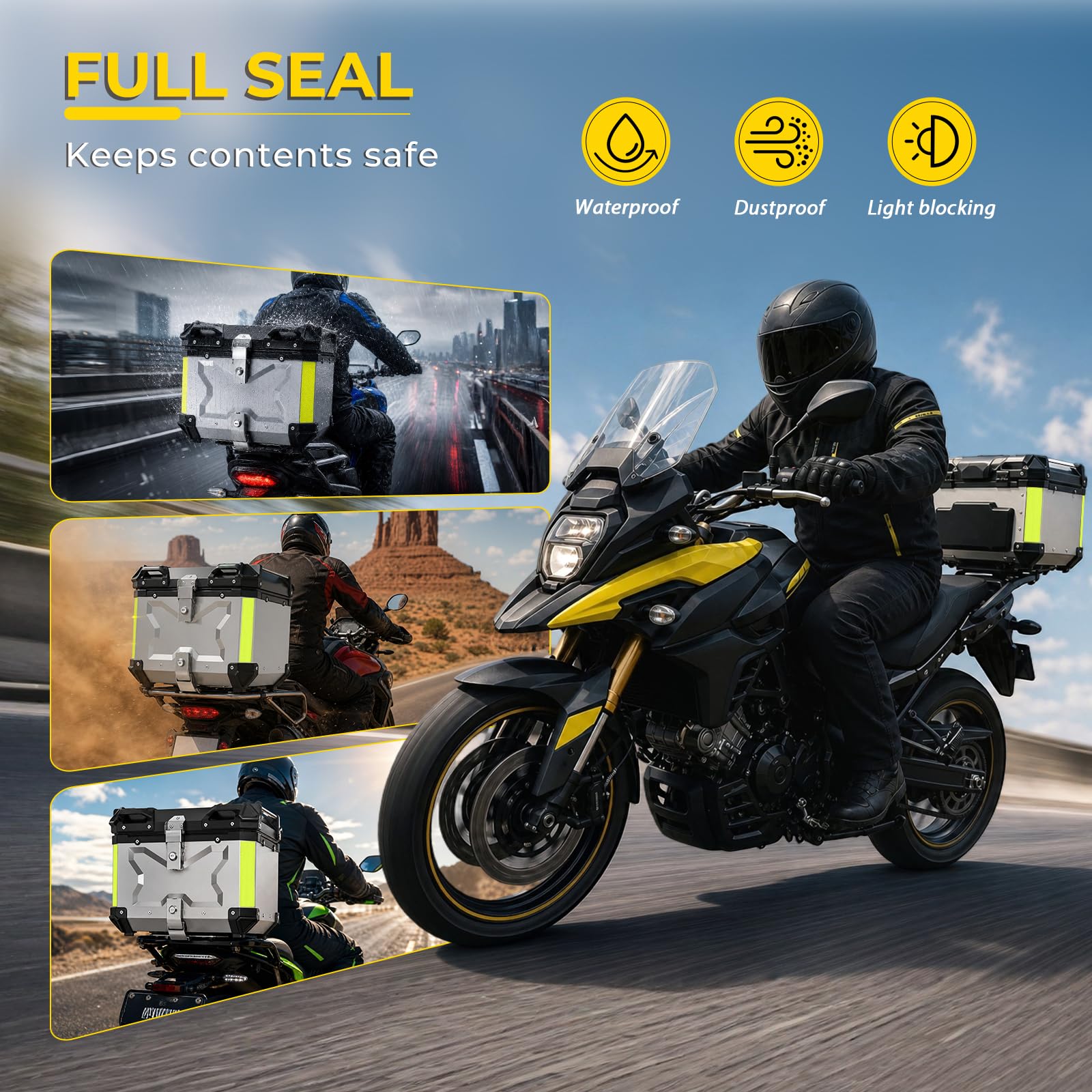 Baúl para motocicleta de aluminio de 45 L, 45 litros, maletín trasero impermeable universal, cierre rápido con cerradura, acolchado para la espalda, forro interior, caja trasera Enduro