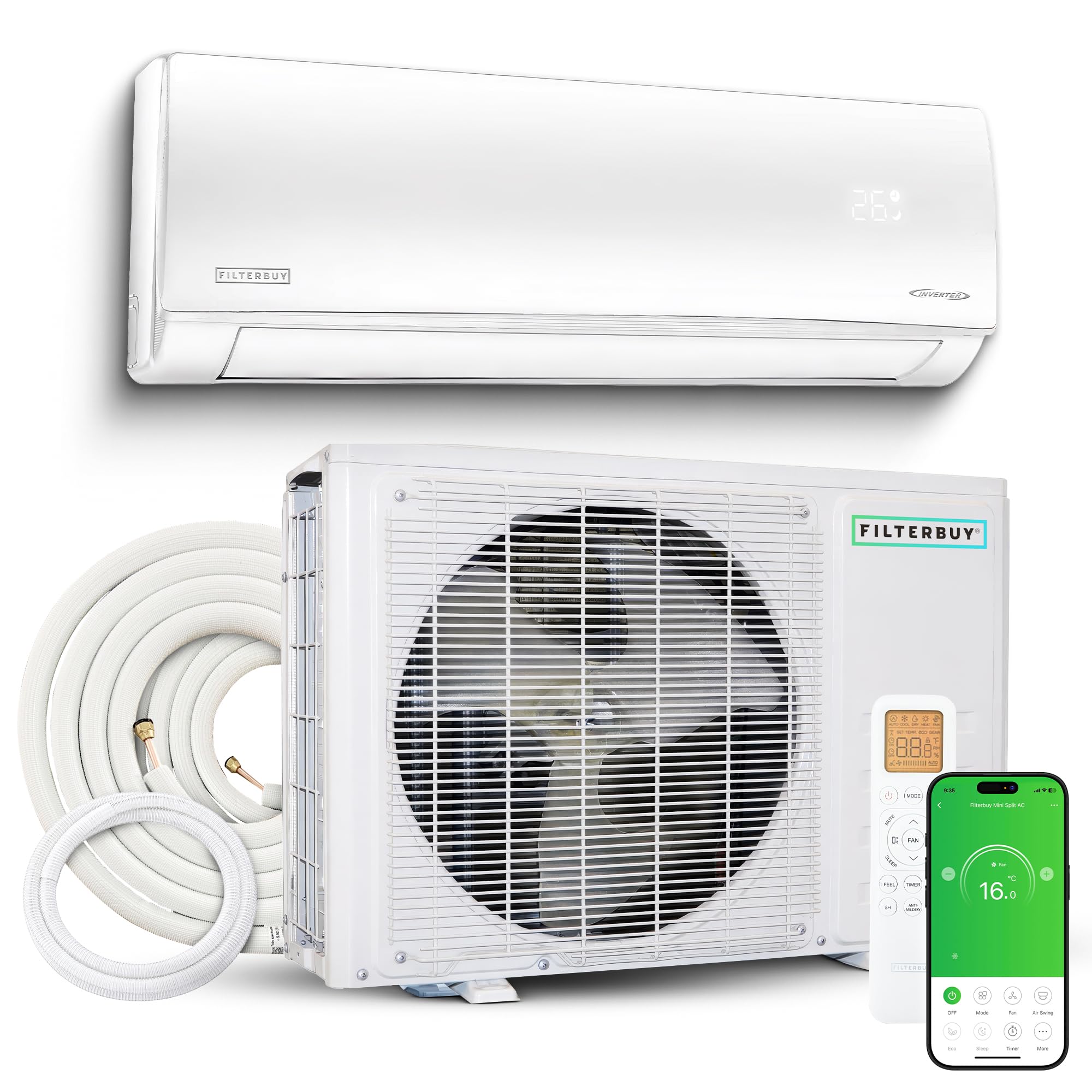 Photo 1 of ***FACTORY SEALED BOX 2/2 PARTIAL SET***Filterbuy 18,000 BTU Mini Split AC Heating System, 17 SEER2, 230V, Ductless Inverter Heat Pump, R32, WiFi + Alexa + More, Self-Cleaning, ETL & AHRI Certified, Up to 850 Sq Ft