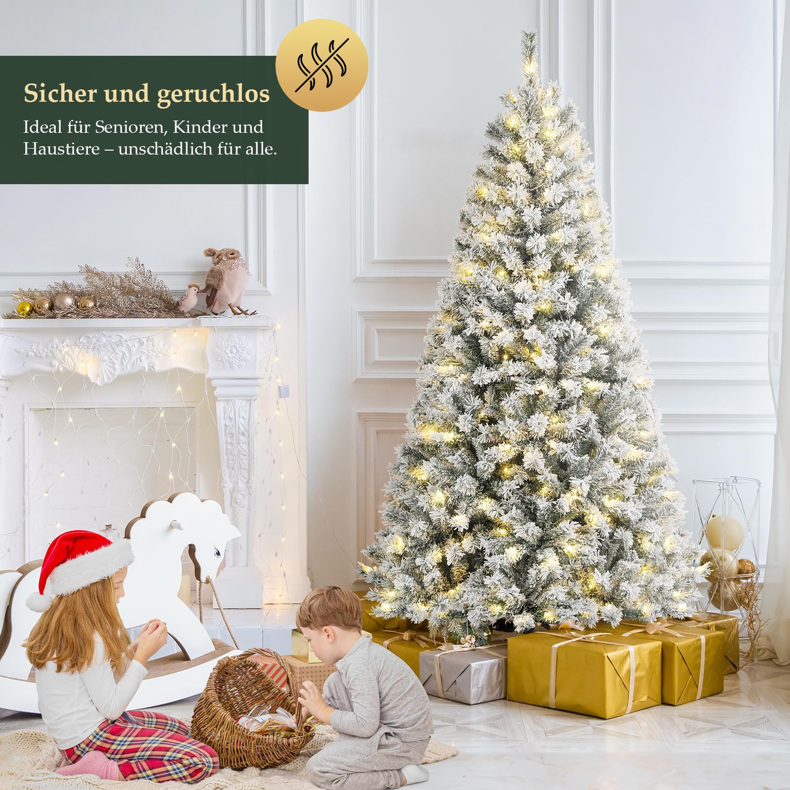 SALCAR 180 cm Künstlicher Weihnachtsbaum mit Schnee und Beleuchtung, Tannenbaum mit 828 Spitzen und 250 warmweißen LEDs, Schnellaufbau-Klappsystem Christbaum, inkl. Christbaumständer