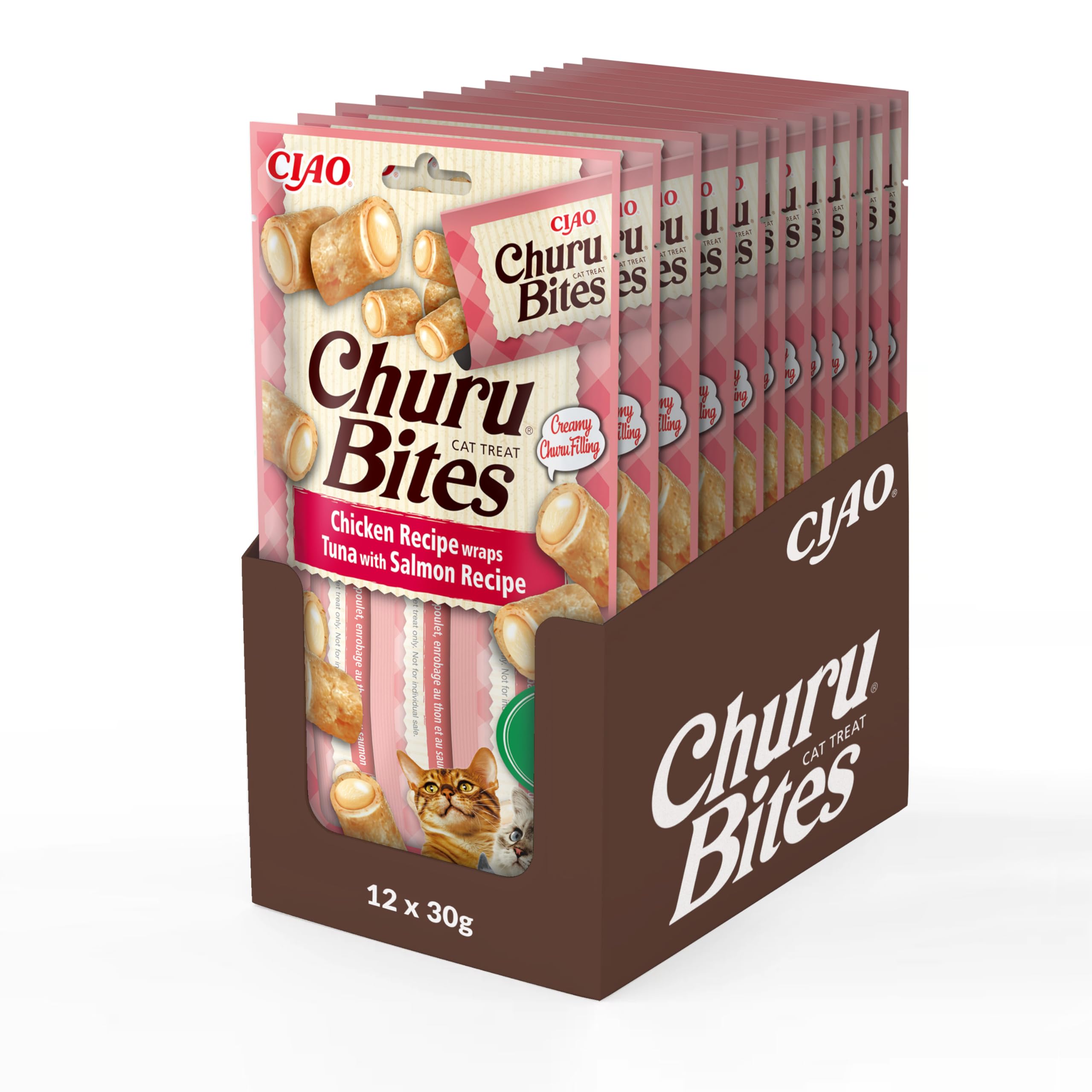 INABA Churu Bites przysmaki dla kotów, 88% wilgoci, zdrowe przekąski, naturalne składniki z kurczakiem, tuńczykiem i łososiem, 30 g (12 szt.), przekąski dla kotów w jakości premium