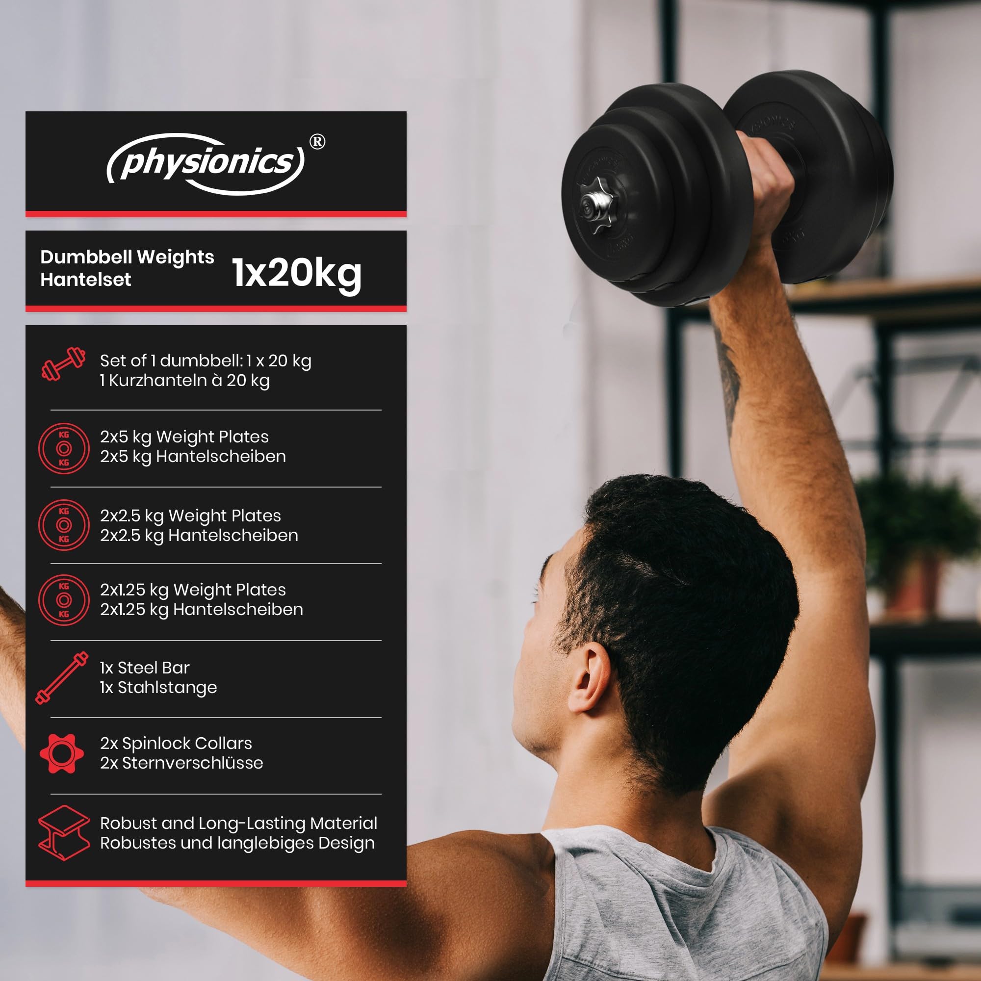 Physionics® Zestaw Krótkich Hantli – 20, 30, 40 Kg, Uchwyt Radełkowany, Ø 25 Mm, Z Tworzywa Sztucznego i Stali, Zaciski Gwiazdowe – Sztangi, Hantle Krótkie, Zestaw Hantli (20 Kg (Drążek Stalowy))