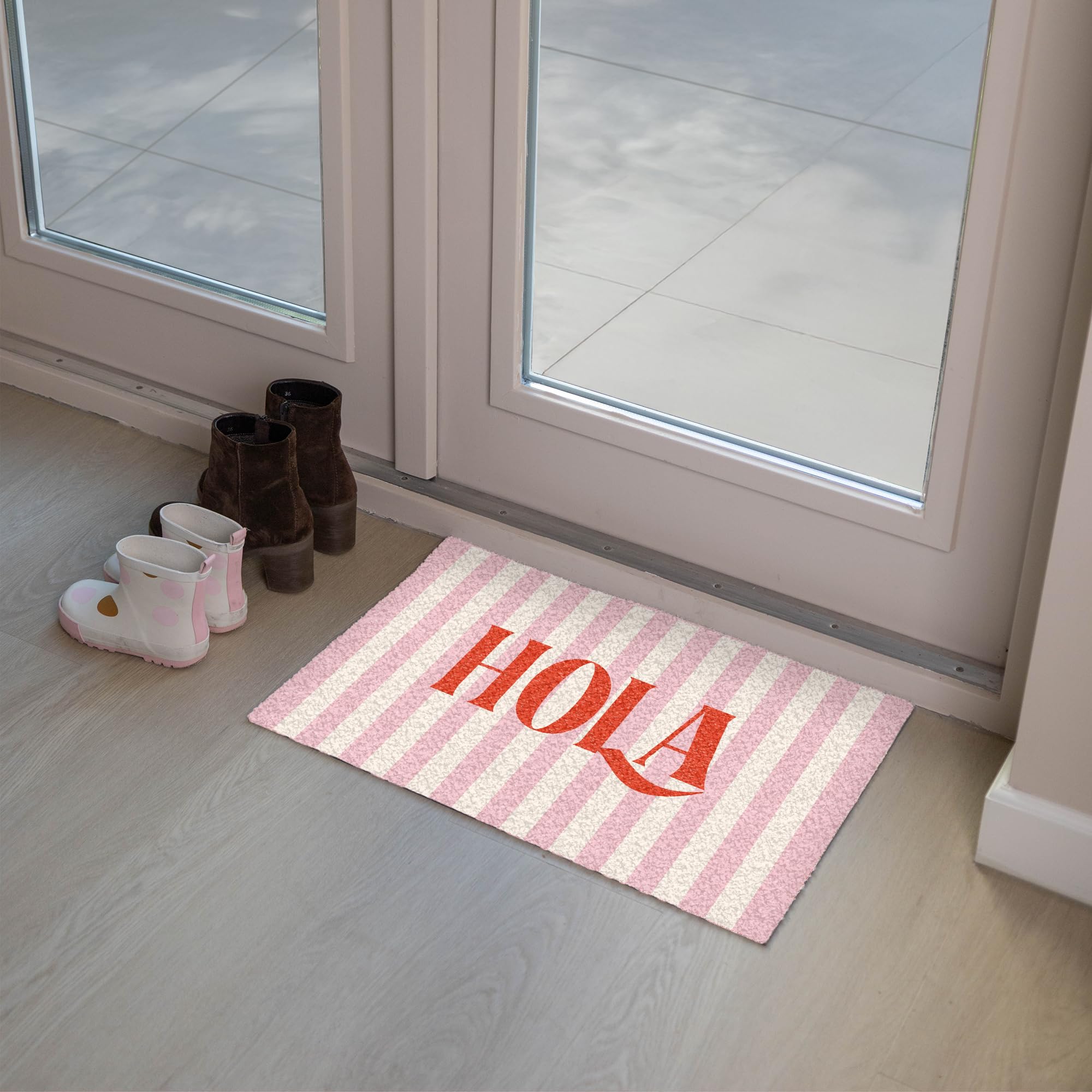 MuchoWow© Fußmatte innen Sauberlaufmatte Fußabstreifer Türvorleger | 40x60 cm - Schmutzfänger Fusmatte Indoor Matten Wohnungstür Schuhabstreifer Hola – Zitat – Streifen – Pastell – Rosa – Rot –