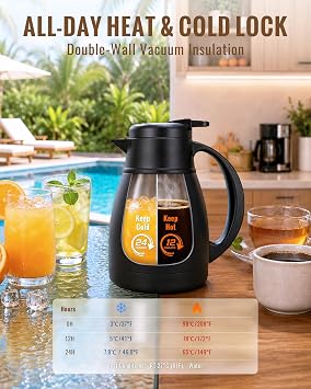 GiNT Insulated Coffee Carafe 34 Oz, Small Stainless Steel Flask for Hot Coffee with Fully Washable Detachable Lid, Portable Thermal Pitcher One-Hand Push Button Tea Dispenser for Travel Camping Office