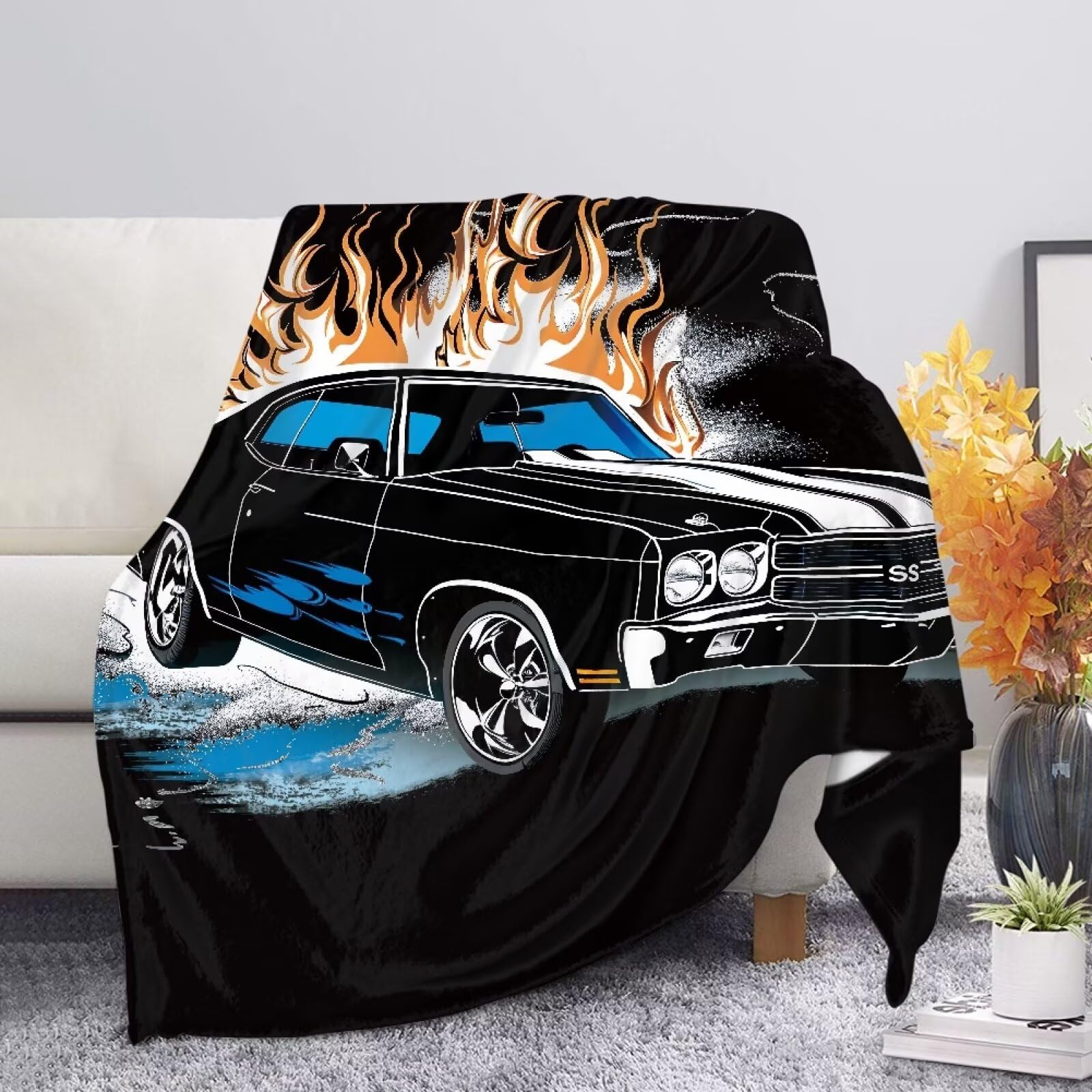 Allcute Cool Muscle Car Throw Blanket for Couch Sofa Throws Fluffy Soft Winter Fall Blanket Home Decor Living Room Black Throw Blankets