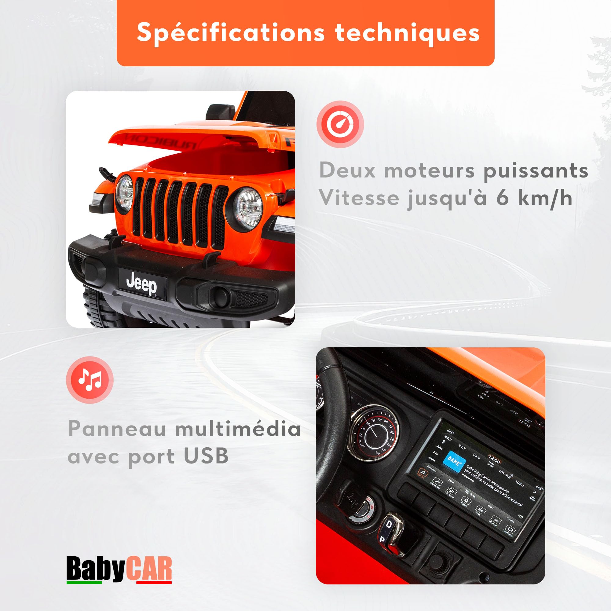 Babycar Jeep ® Wrangler Rubicon 2 Places 12 V avec siège en Cuir pour Enfants (Orange) Voiture Electrique Enfants 2 Places Portes ouvrables avec télécommande 2,4 GHz Soft Start Full Optional