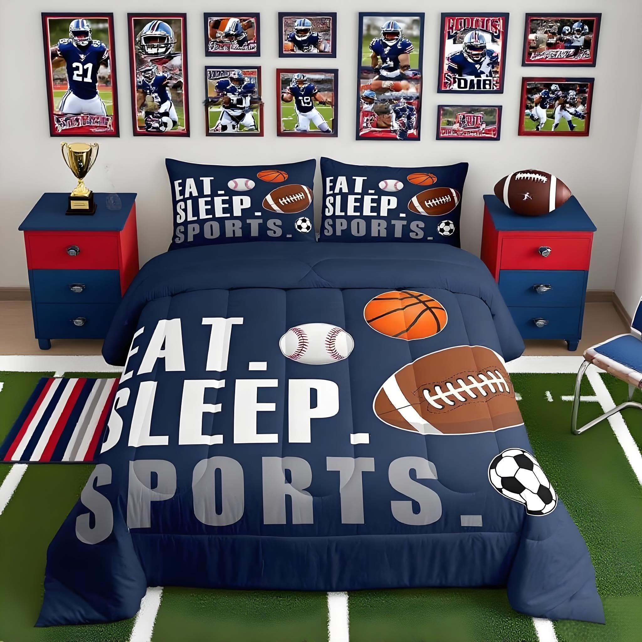 Feelyou Football Comforter Set Twin Size Kids Basketball Baseball Soccer Comforter for Boys Girls Sports Theme Bedding Set Breathable Soft Navy Blue