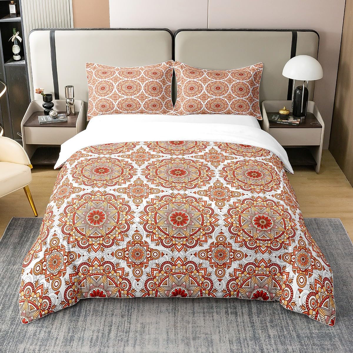 100% Organic Cotton Coral Medallion Bedding Set Super King Boho Damask Floral Duvet Cover Bohemian Paisley Mandala Comforter Cover for Girls Teen Women,Luxury Soft Breathable Quilt Cover — image 1