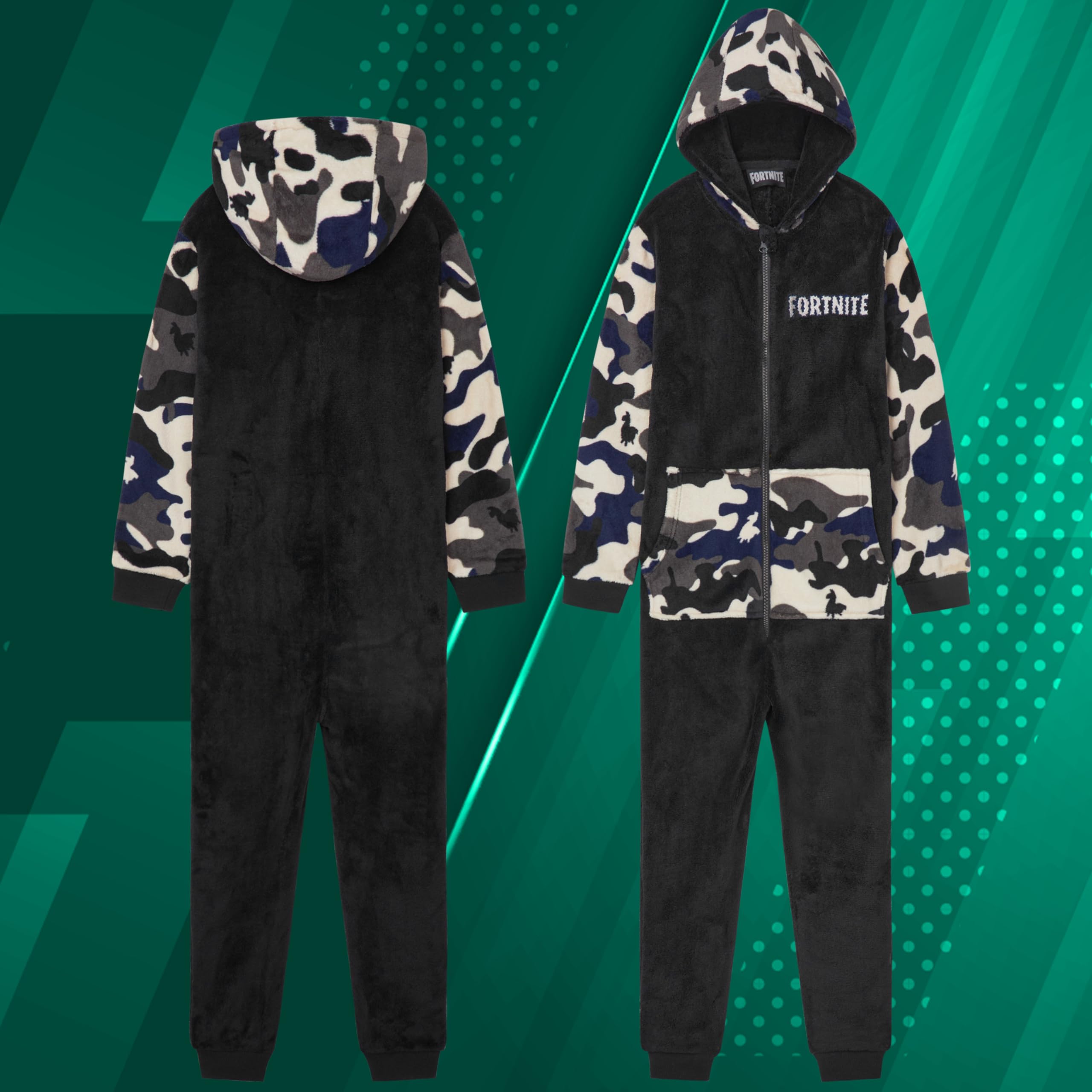 Get Trend Fortnite Grenouillere Adolescent Garcon Combinaison Enfant Pyjama Combinaison Polaire avec Capuche Idée Cadeau Gamer (13-14 Ans, Noir Camo Fortnite)