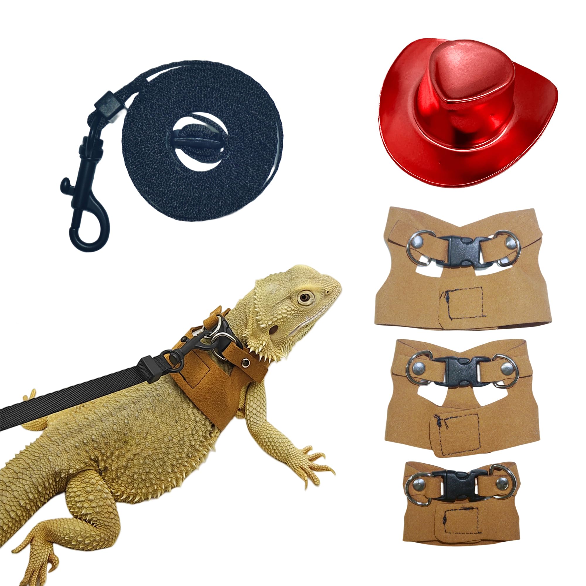Reptile Pets Leash Harness Set with Jackets and a Party Theme Hat for Bearded Dragon Lizard, Leopard Gecko and Other Small Animal Pets, Outdoor Play, Red