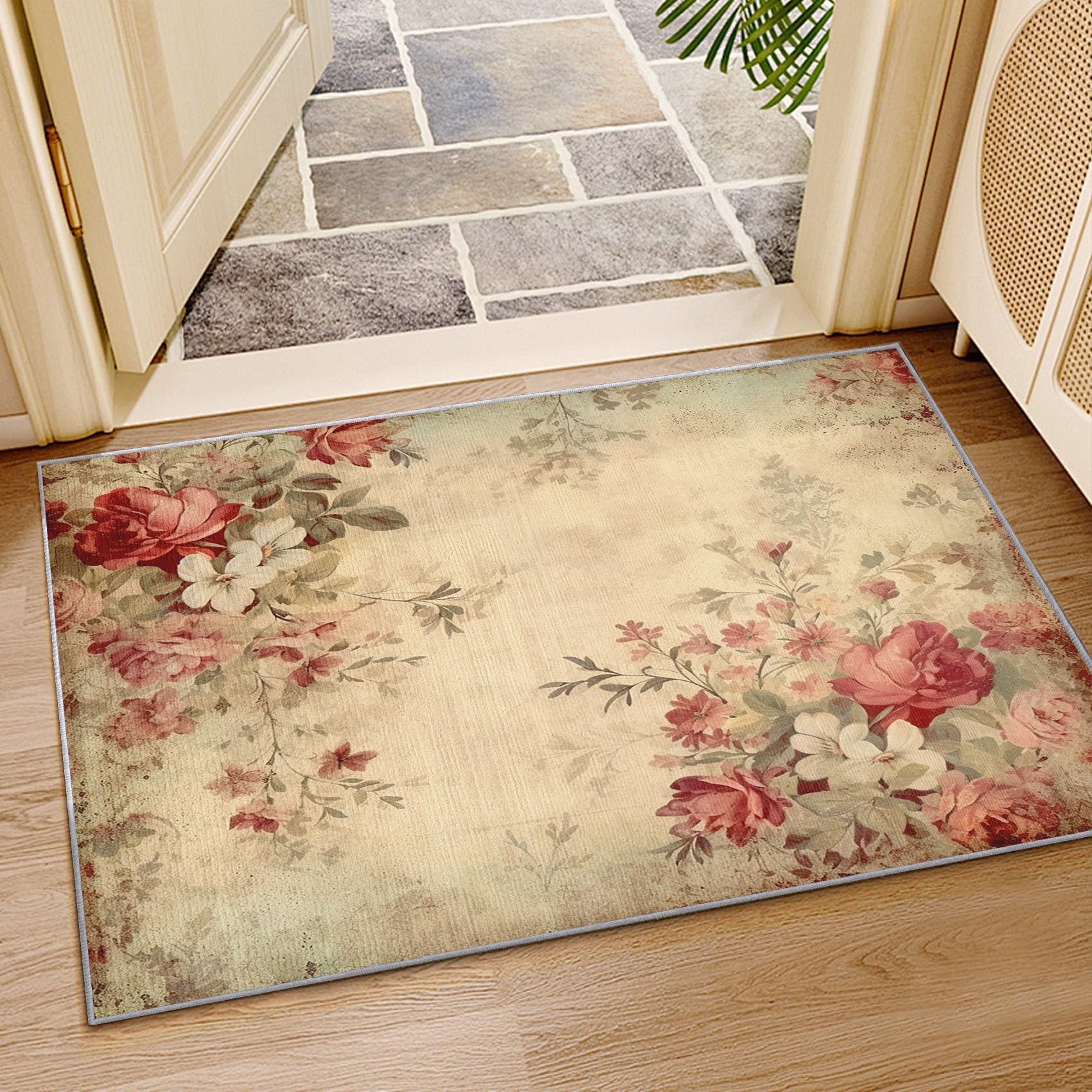 Tapis Shabby Chic à Fleurs Roses Lavable, Tapis Rustique Floral Vintage pour Chambre à Coucher, Salon, Fin et antidérapant (160 x 220 cm)