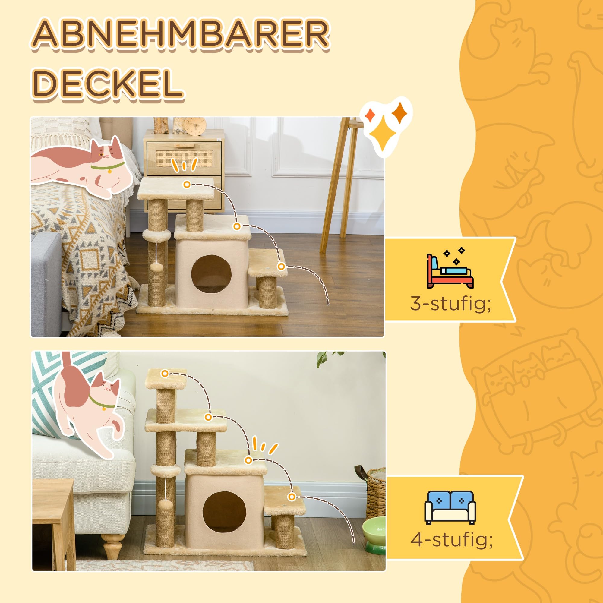 PawHut Hundetreppe 3/4 Stufen 66 cm Hoch Haustiertreppe mit Schlafhöhle, Rampe, Sipielball, Katzentreppe für mittelgroße Katze Hunderampe Einstiegshilfe für Bett, Sofa, Couch, Beige