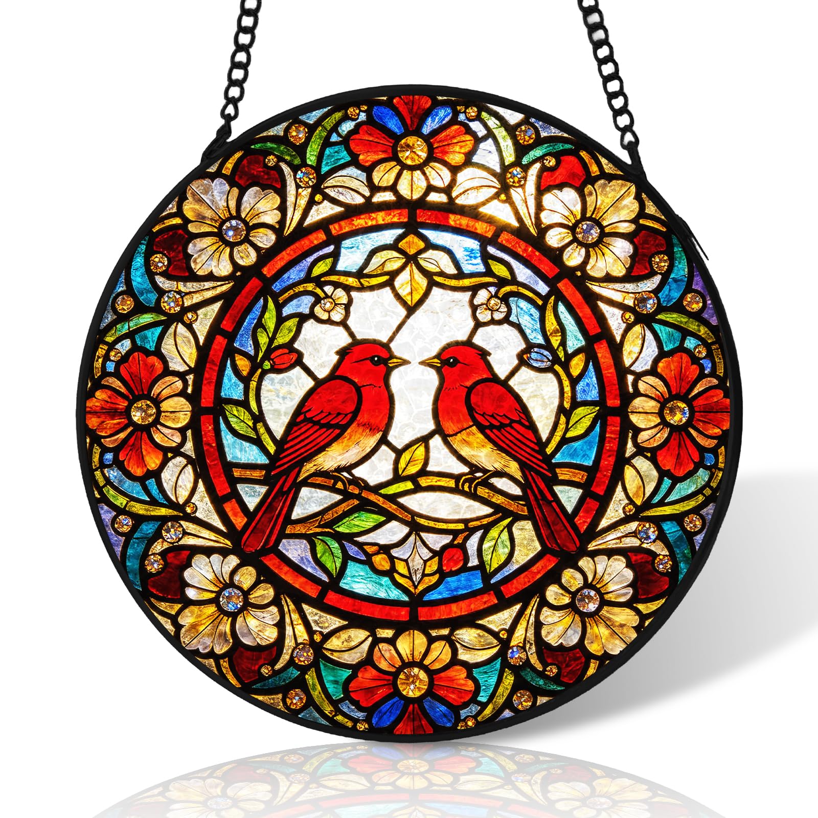 4 inch Red Bird Flower Stained Glass Suncatcher Windows Hanging,Stained Glass Ornament Home Decor,Suncatchers for Windows Hanging,Birthday Gifts for Women,Lovers,Friend(Black)
