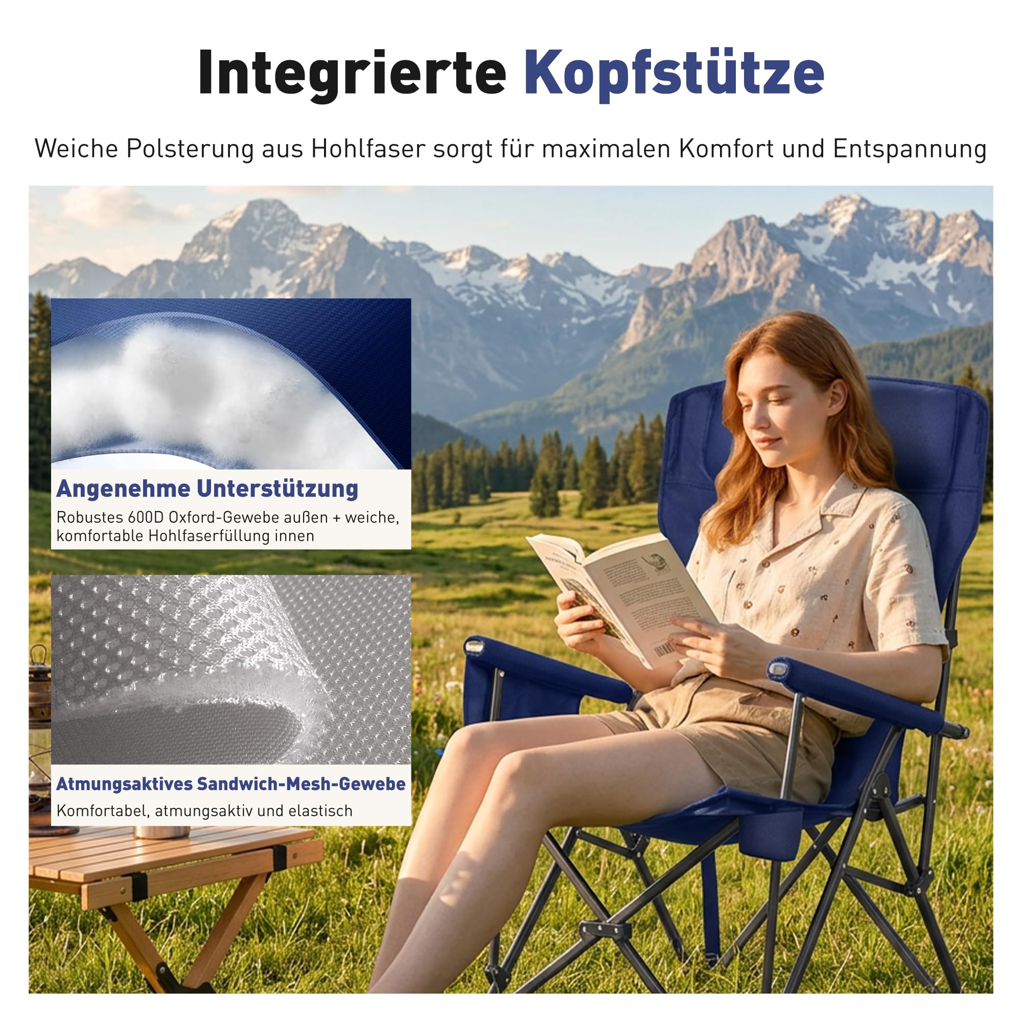 HIGH POINT SPORTS Campingstuhl Faltbar 225kg Klappstuhl Gepolstert Blau | Outdoorstuhl mit Kopfstütze Getränkehaltern Faltbarer Angelstuhl XXL mit Armlehnen