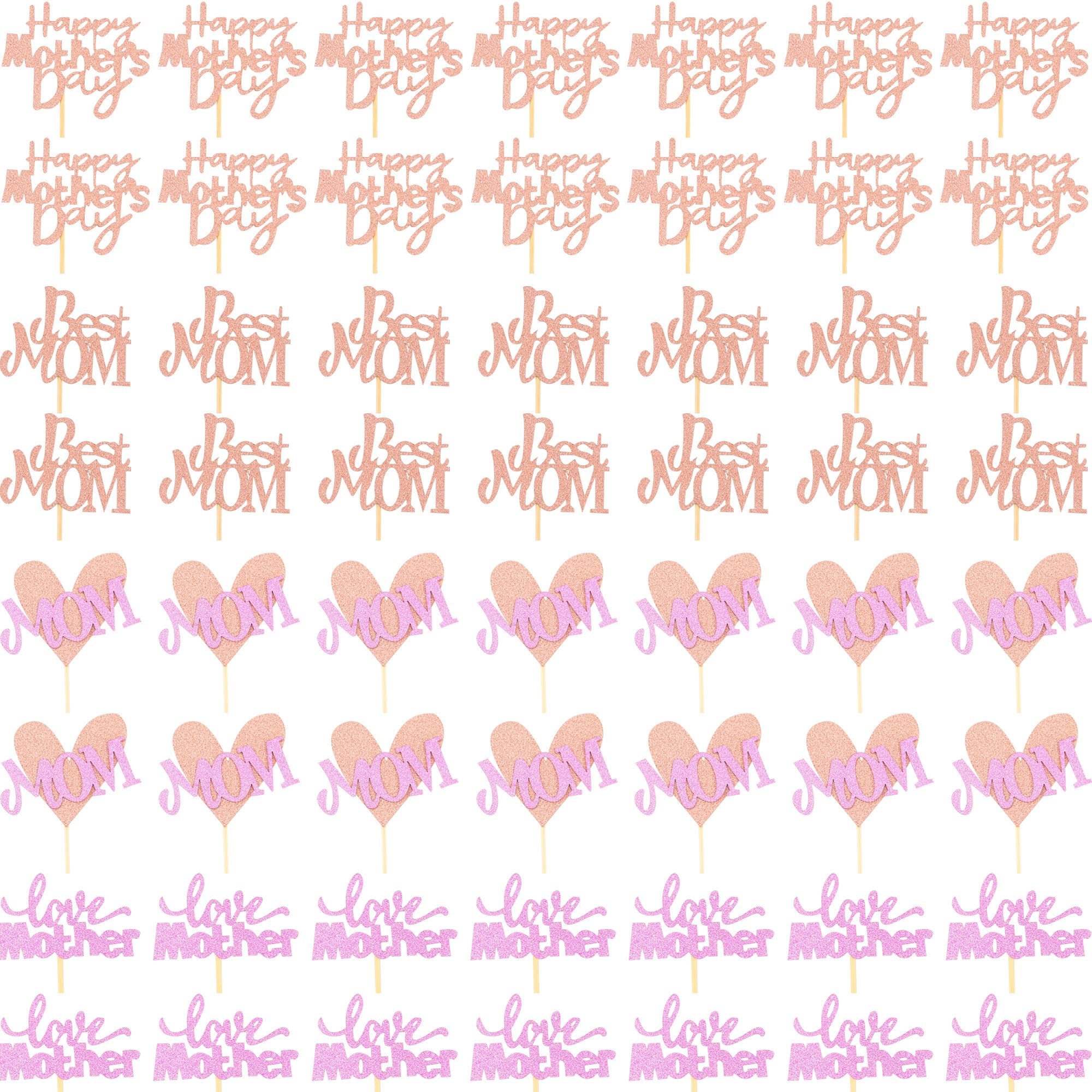 Cotiny 56 Pieces Mother's Day Cupcake Topper Glitter Happy Mother's Day Cake Decoration for Best Mom Love Mother Theme Party Supplies(4 styles)