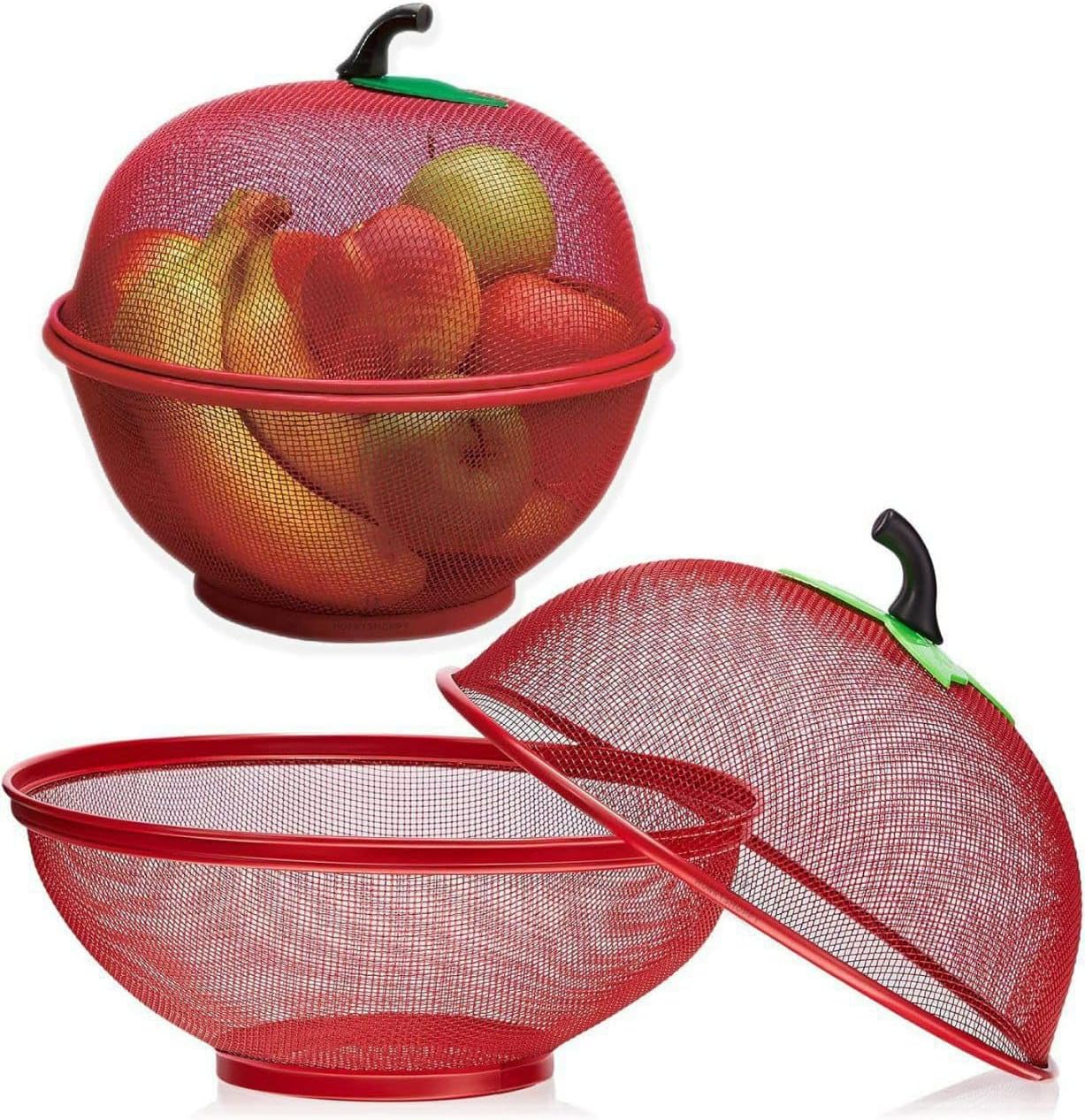 Aapple Shaped Iron Mesh Fruit Basket with Lid | Multicolor Kitchen Storage Organizer for Fruits & Vegetables | Decorative Wire Fruit Bowl | 1L Capacity Freestanding Basket (Red)