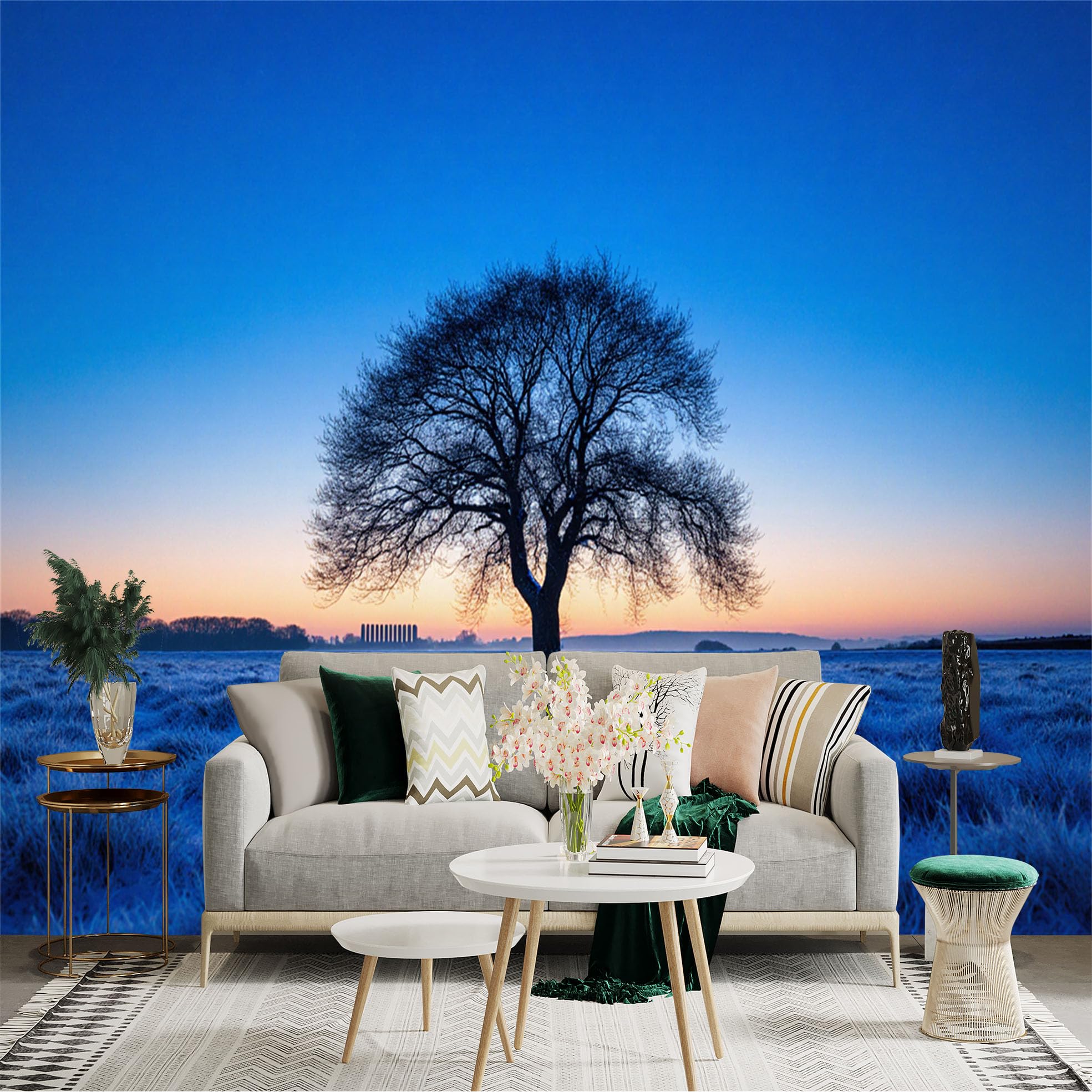 Custom Size Wall Sticker Mural， Solitary Tree in Snowy Field， Winter Twilight Landscape， Frozen Meadow Scenery， Peaceful Nature View， for wall Decoration， peelandstick wall Decals.
