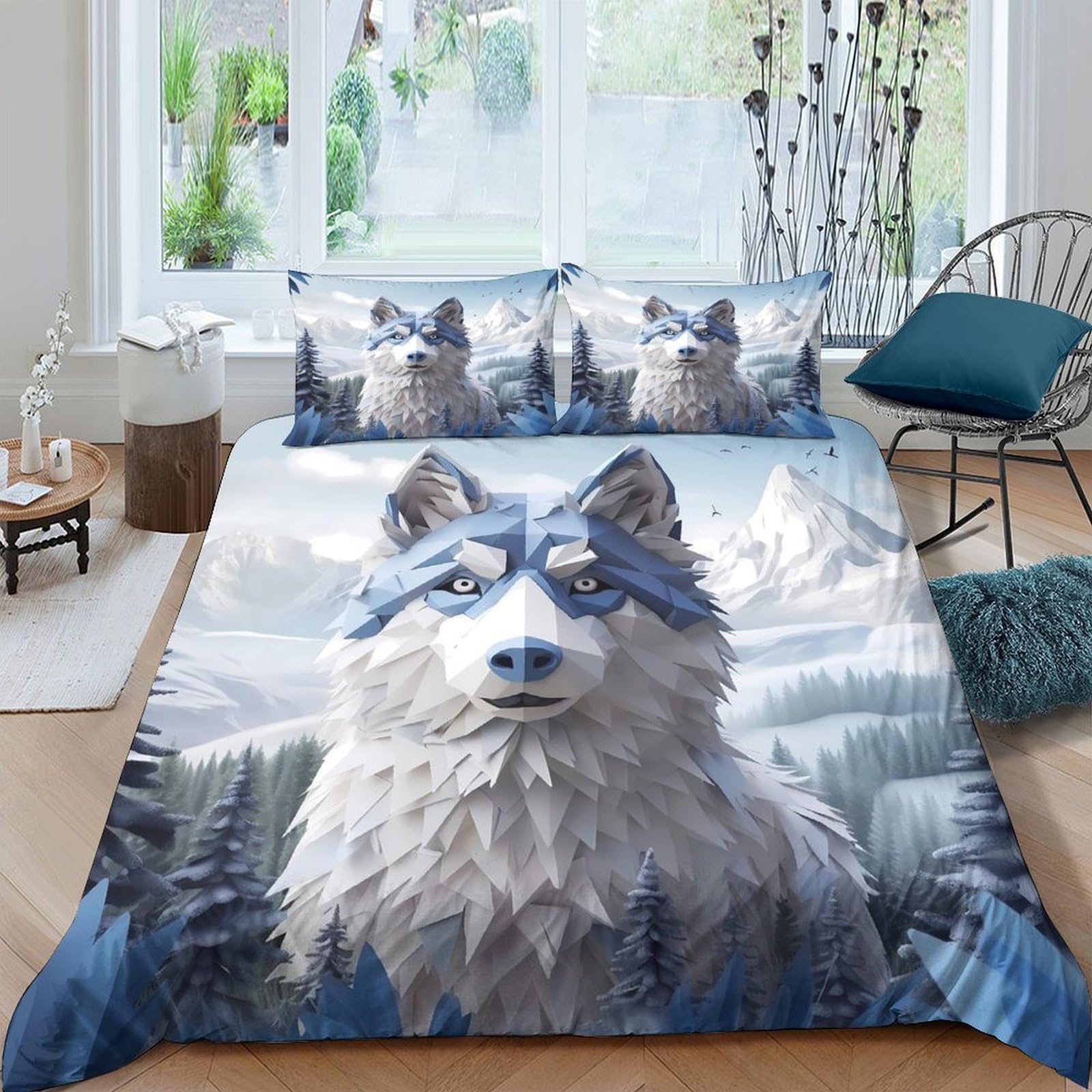 Ctjqhvkz Style-1 3D Printed Wolf Mountain Fitted Sheet Microfiber Soft Grey Blue Forest Mattress Cover For Bedroom Dorm Decor Single（135X200cm）