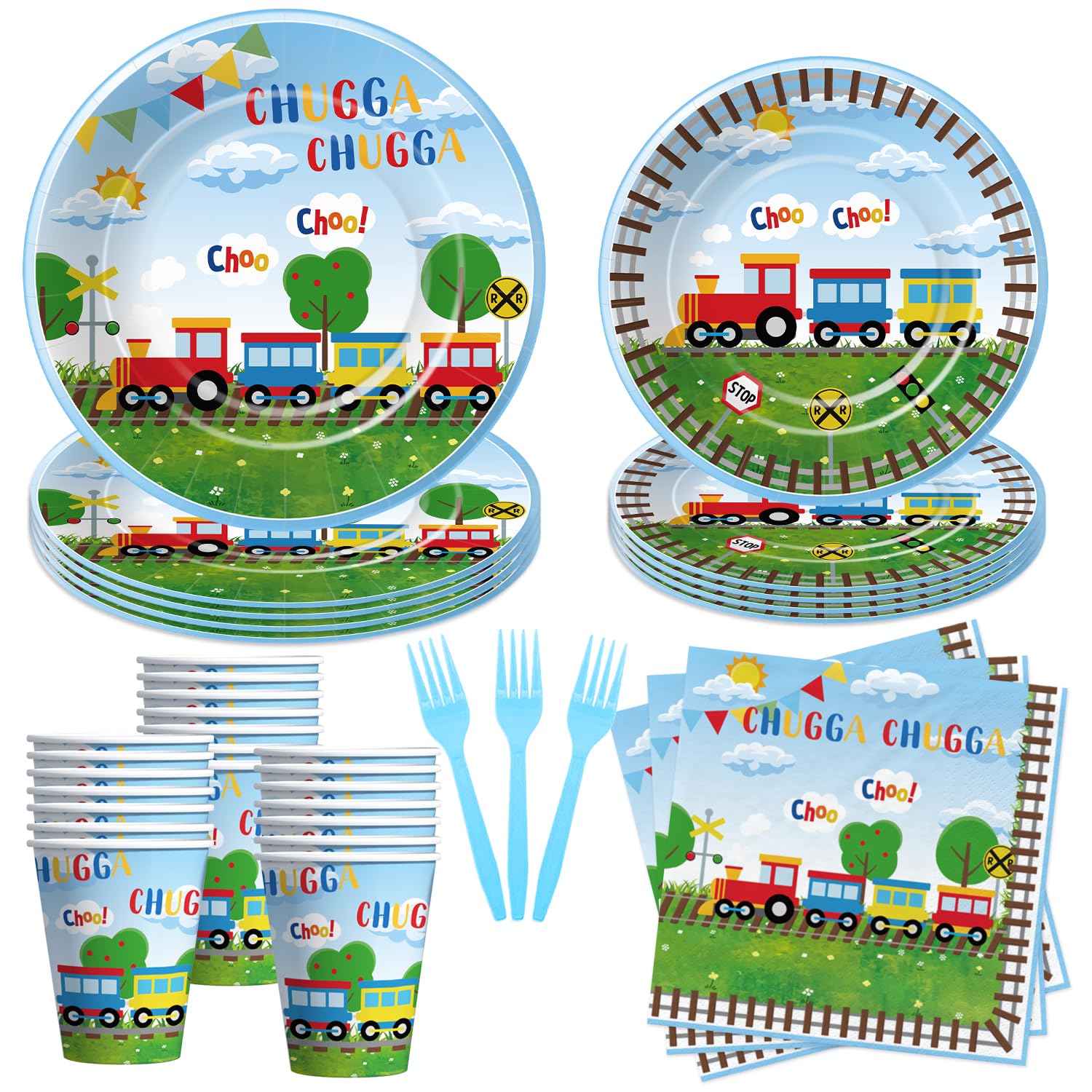 Train Birthday Plates And Napkins Party Supplies Dinnerware, Train Birthday Decorations, Plate, Cup, Napkin, Fork, Train Theme Chugga Choo Party Supplies For 1st 2nd 3rd Birthday | 24 Guests