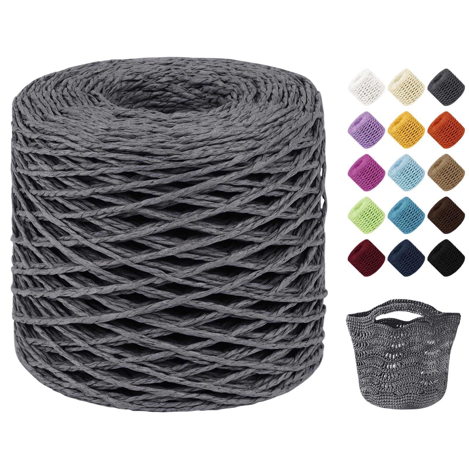 Uiopa Raffia Yarn for Crochet, 2mm x 200m Raffia Paper String Straw Crochet Yarn for Crocheting Beach Bags, Sun Hats, Home Decor, DIY Crafts (Gray)