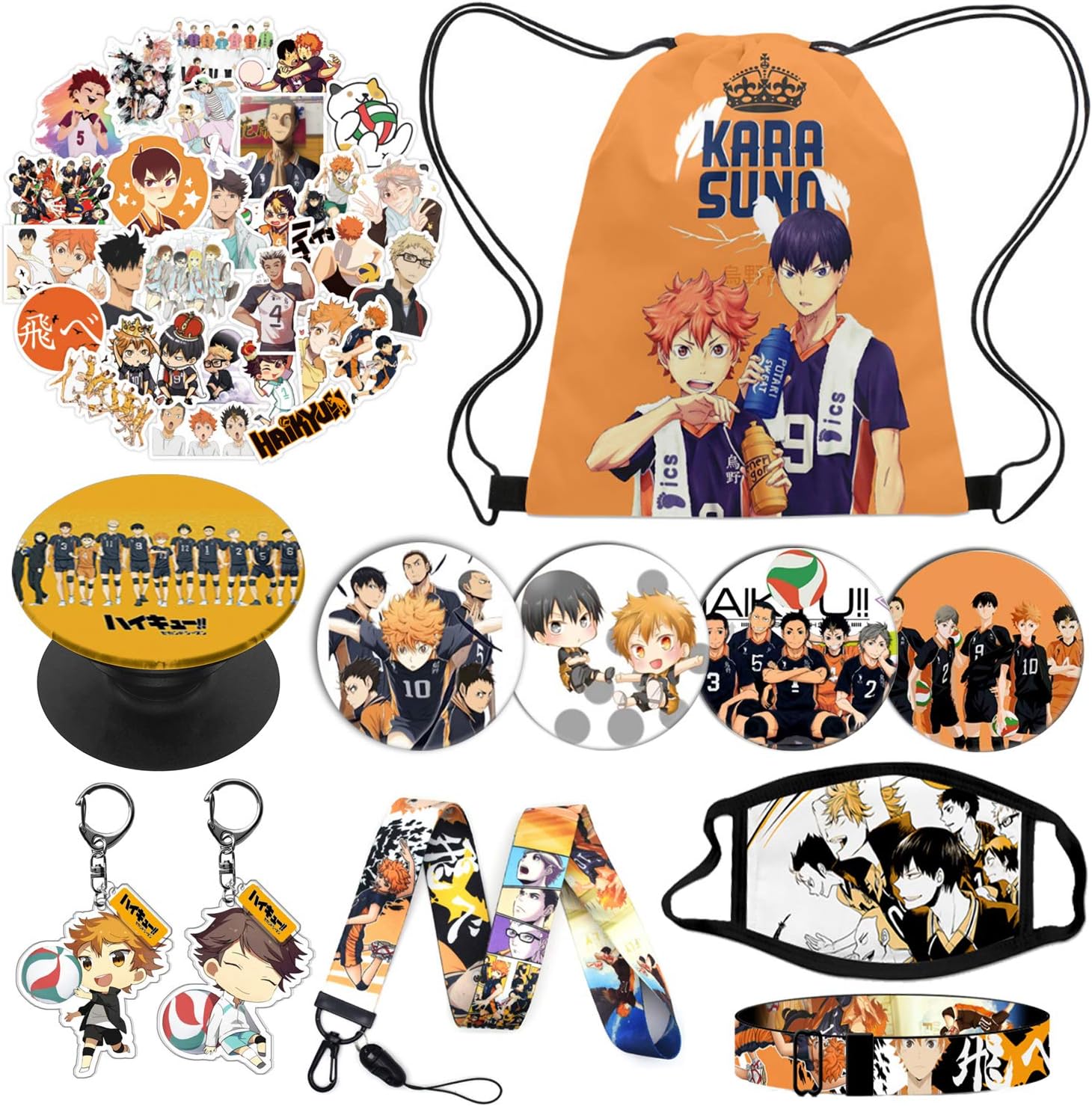 YKLL Anime Haikyuu Karasuno Nekoma Gift Set Included 1 Haikyuu Drawstring Bag Backpack, 50 Haikyuu Laptop Stickers,1 Bracelet,1 Face Mask,1 Phone Holder, 4 Button Pins, 2 Keychain,1 Lanyard