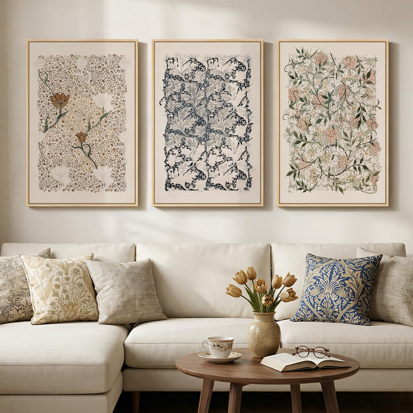 Photo 1 of Large Framed William Morris Wall Art Set of 3, Vintage Neutral Botanical Floral Canvas Prints, Boho Nature Wall Decor for Living Room Bedroom Hallway Office, 24x36 Inch