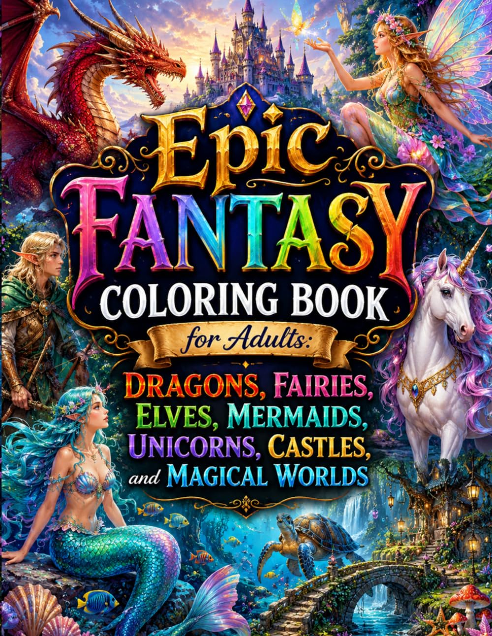 Epic Fantasy Coloring Book for Adults: Dragons, Fairies, Elves, Mermaids, Unicorns, Castles, and Magical Worlds