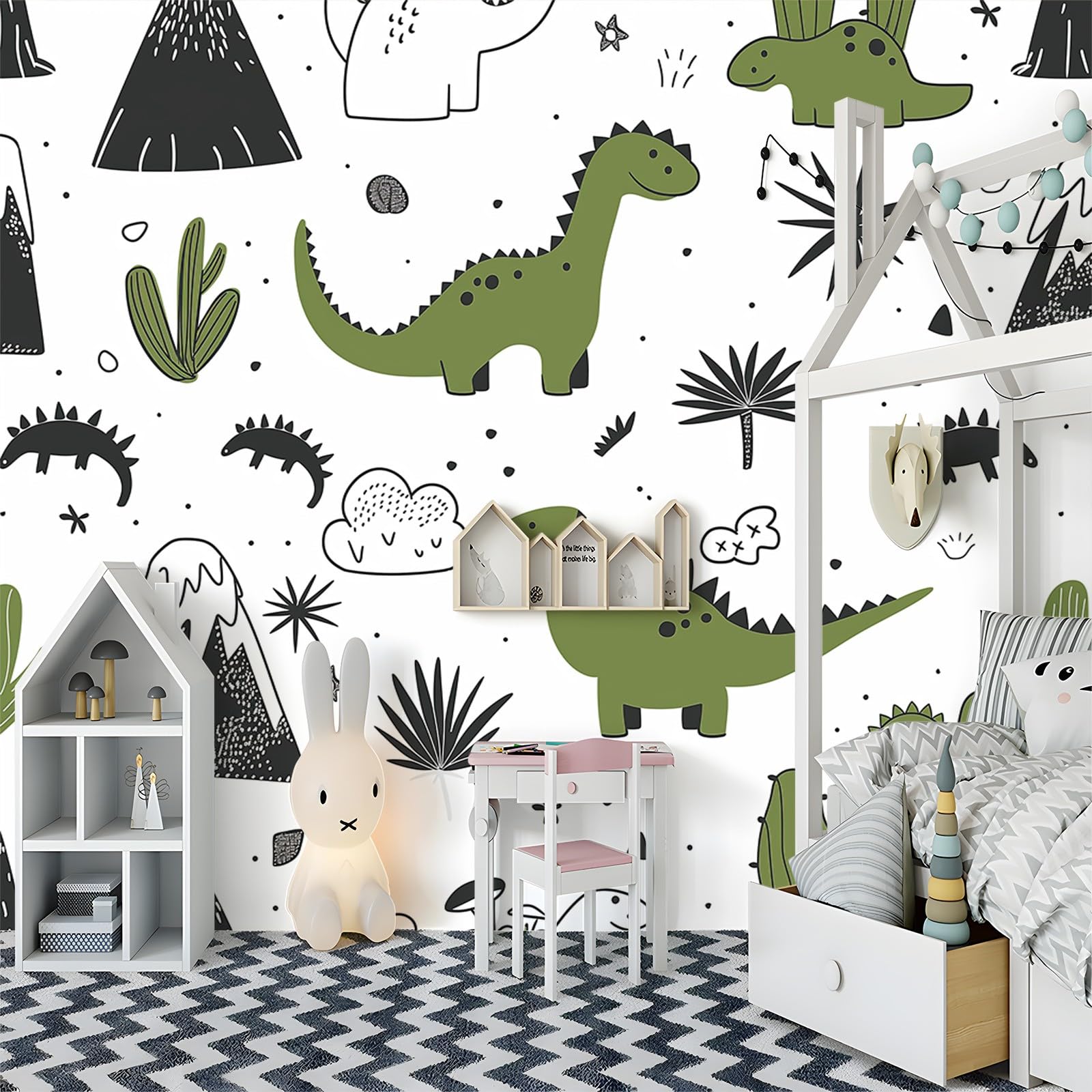 Tapety 250 x 175 cm tapeta z nadrukiem artystyczna tapeta z włókniny do różnych pomieszczeń uroczy dinozaur kreskówka roślina dekoracja ścienna salon sypialnia sypialnia zielony czarny