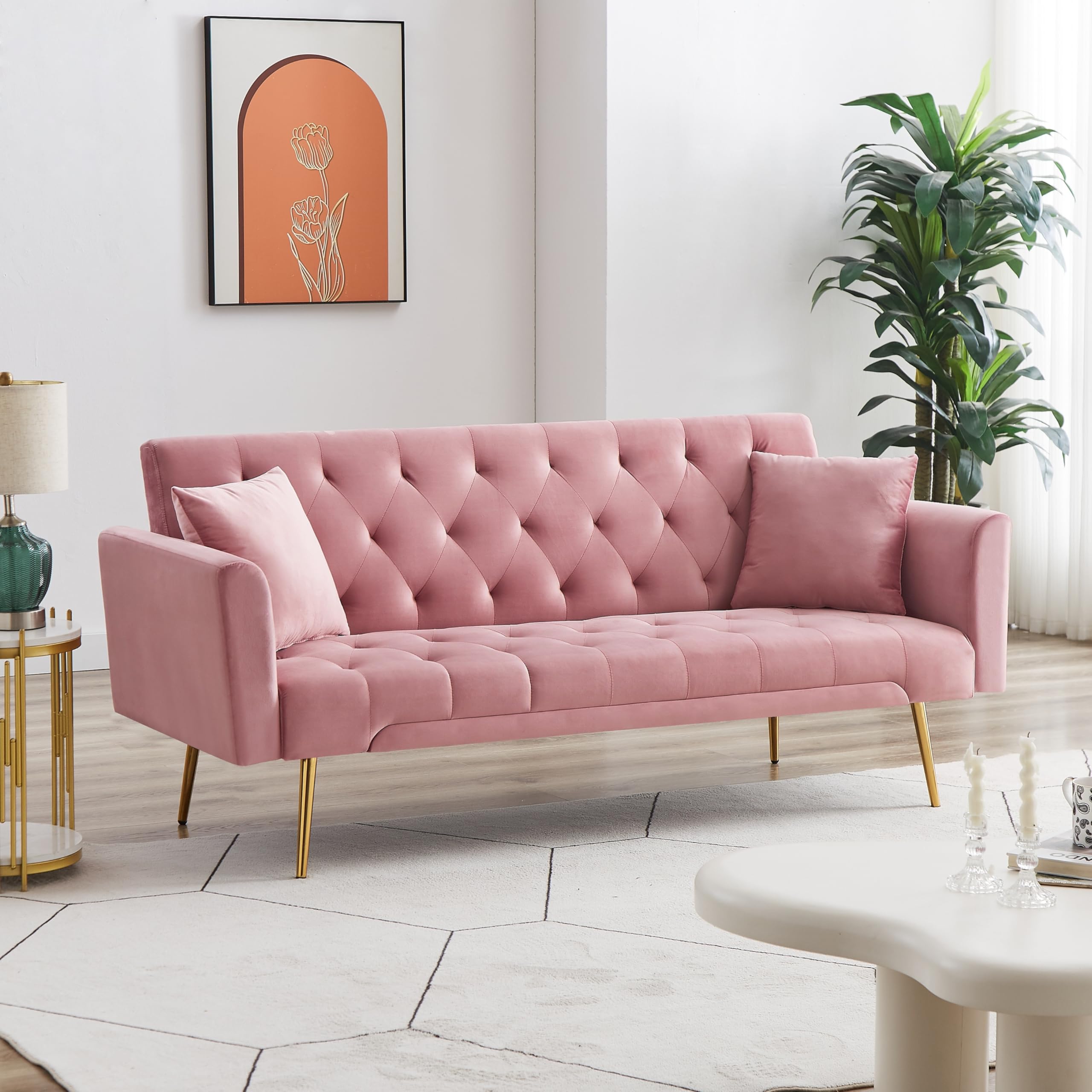 71.65'' Convertible Sofa Bed Modern Futon Set, Velvet Foldable Reclining Loveseat, Three Adjustment Angles,Mid Century Modern Couches for Living Room/Bedroom/Apartment, Easy Assembly,Pink