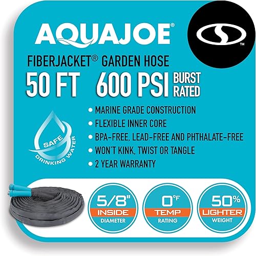 Miniatura 6 de Aqua Joe AJFJH50-58-MAX Manguera de jardín Superligera FIBERJACKET, resistente a las torceduras, clasificación de ráfaga de 600 PSI, 50 pies de