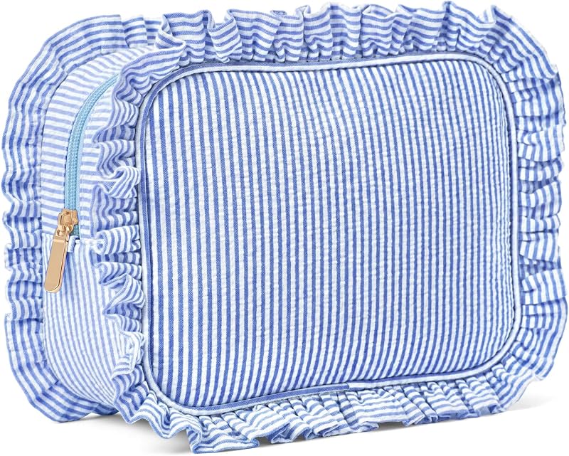 Necessaire de maquiagem Sanwuta em seersucker com babados, listrada, azul