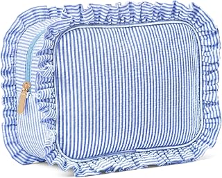 Sanwuta Seersucker Ruffle Makeup Bag Large Stripe Cosmetic Bags,Blue