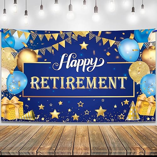 Miniatura 1 de KatchOn Cartel de feliz jubilación extra grande de 72 x 44 pulgadas, decoraciones azules y doradas, telón de fondo para fiesta, decoraciones de