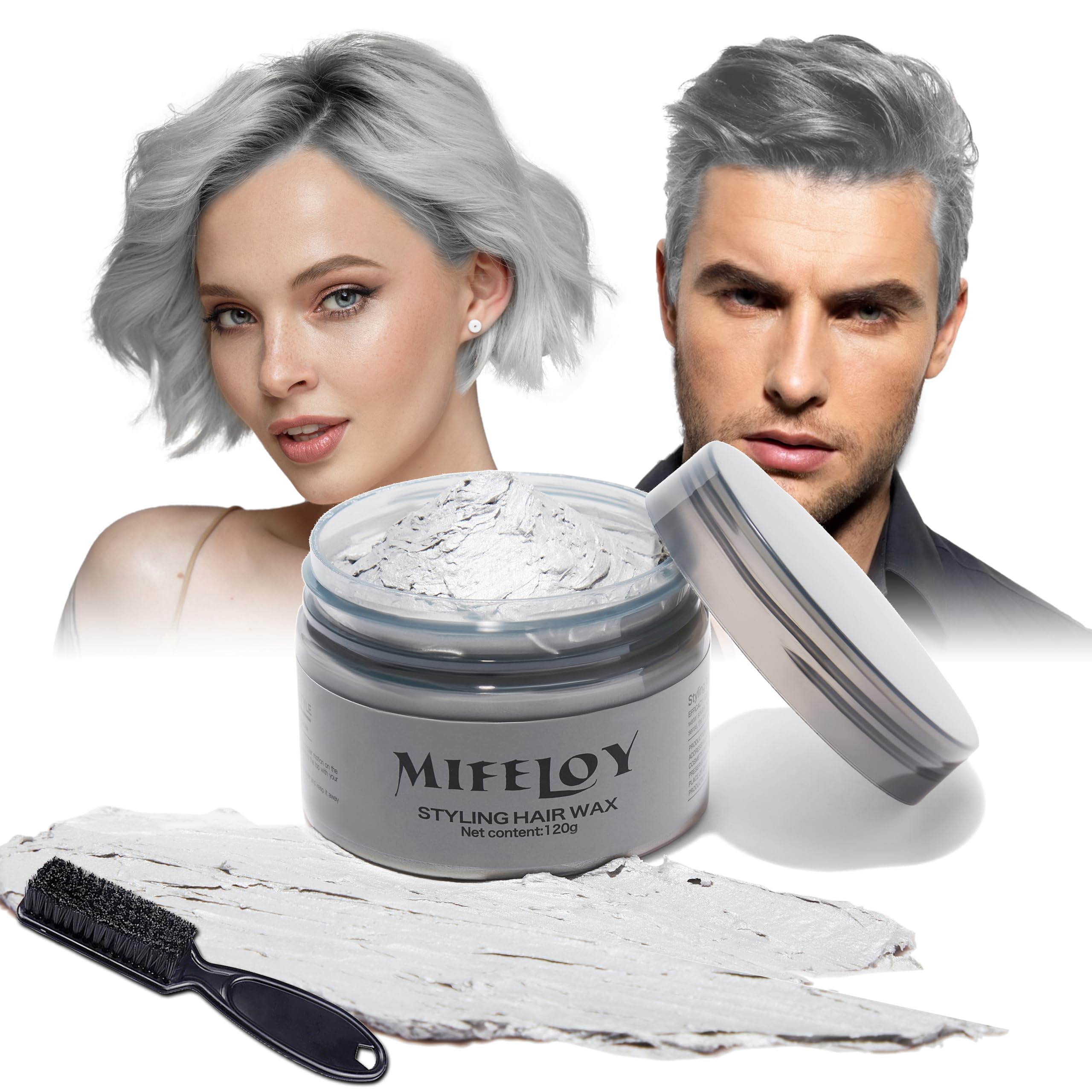 Temporary Silver Gray Hair Spray Color Wax with Dye Brush, Instant Natural Hairstyle Cream 4.23 oz, Disposable Coloring Mud for Men Women Youth, Grey Styling Pomades, Party Cosplay DIY Halloween