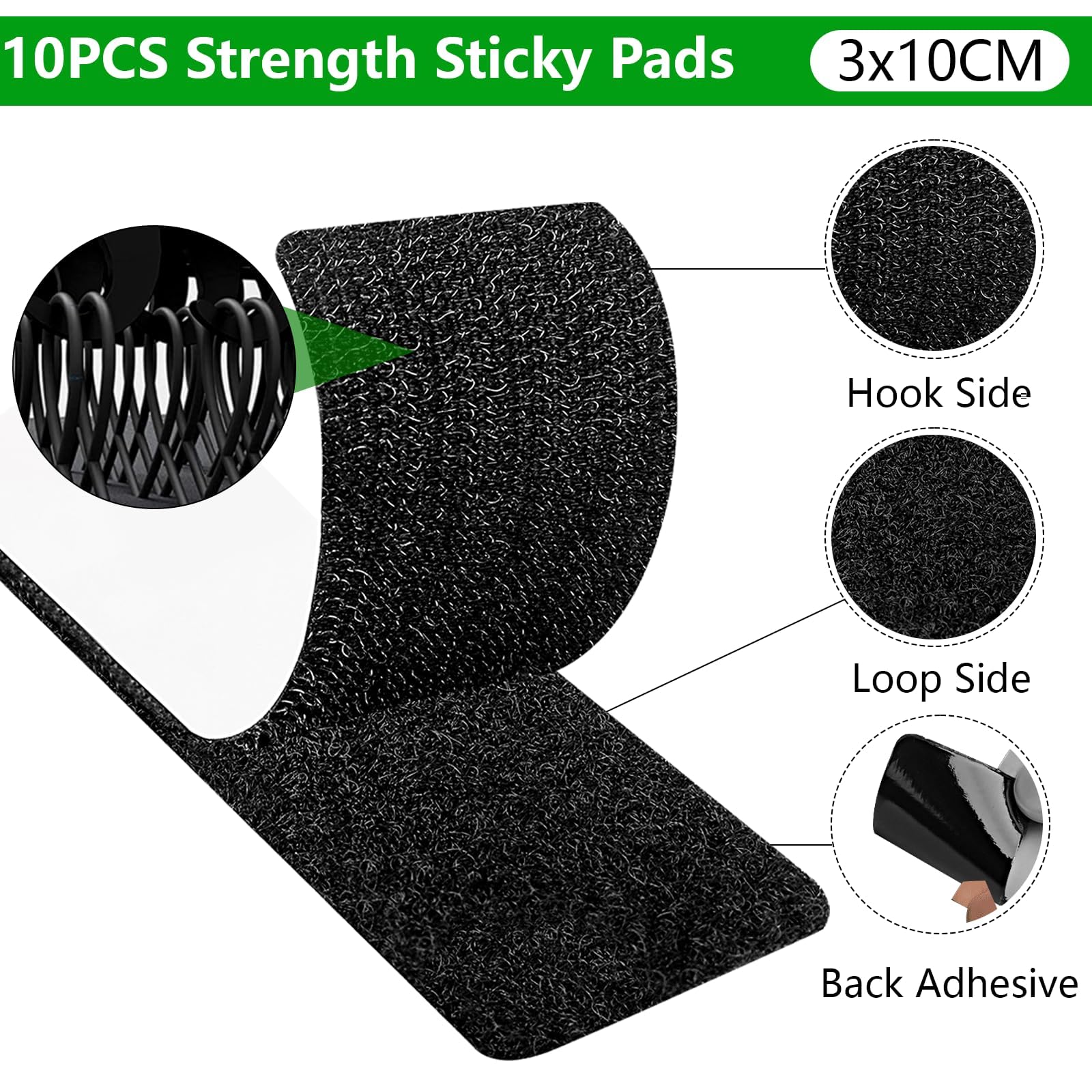 elzle 10 Pièces Scratch Autocollant Double Face Extra Fort, 3 X 10cm Adhésif Puissant Bande, Bandes de Scratch Autocollantes pour Tapis,Cadre Photos Et L'Artisanat,Maison,Bureau - 2