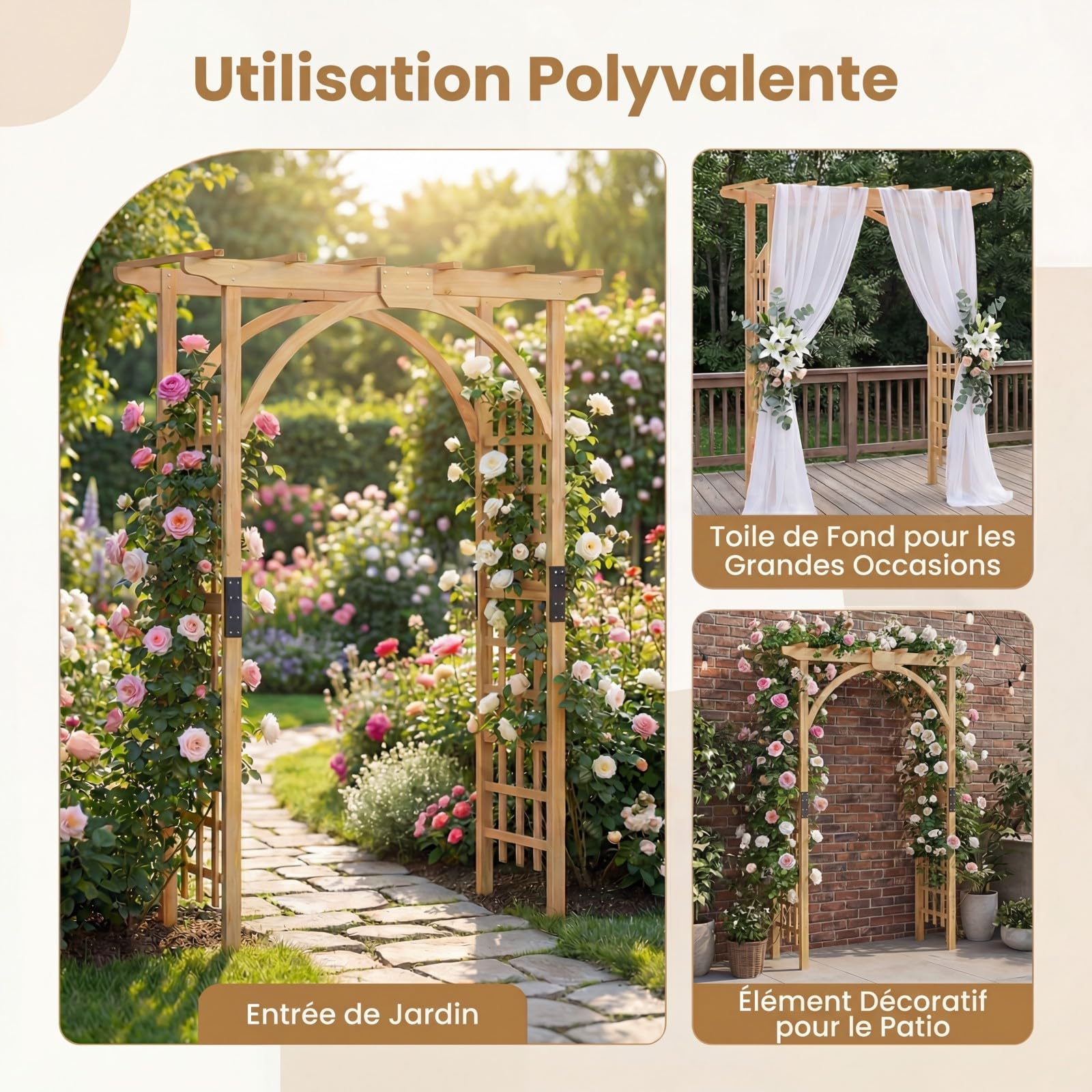 GYMAX Arche de Jardin en Bois Massif pour Plantes ou Fleurs Grimpantes, Arche en Treillis à Rosiers Lumières pour Décoration Extérieure de Fête Mariage, 134 x 213cm